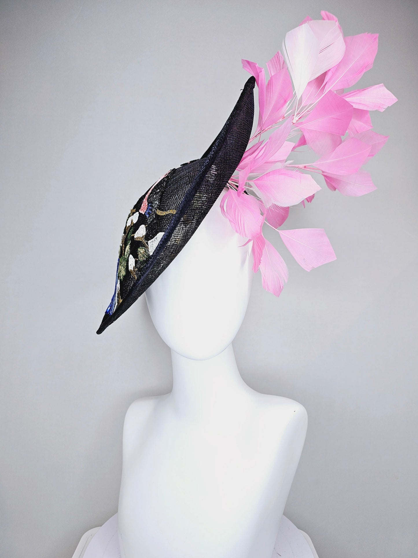 kentucky derby hat fascinator black sinamay saucer with embroidered white pink blue flowers with pink and white feathers