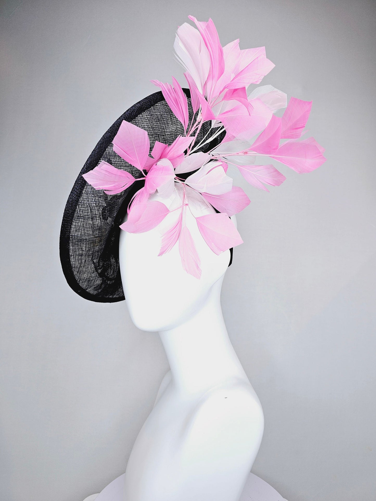 kentucky derby hat fascinator black sinamay saucer with embroidered white pink blue flowers with pink and white feathers