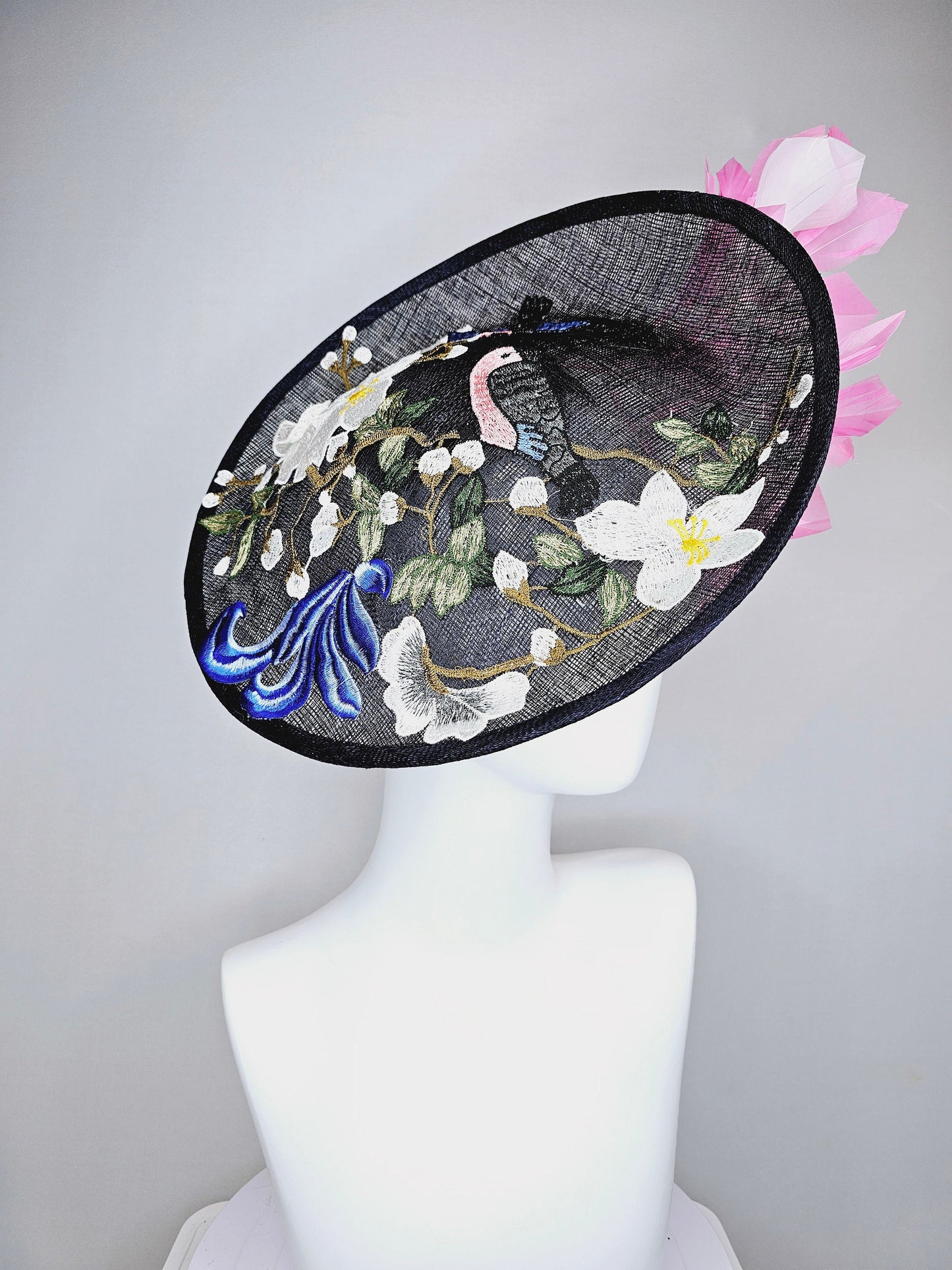 kentucky derby hat fascinator black sinamay saucer with embroidered white pink blue flowers with pink and white feathers