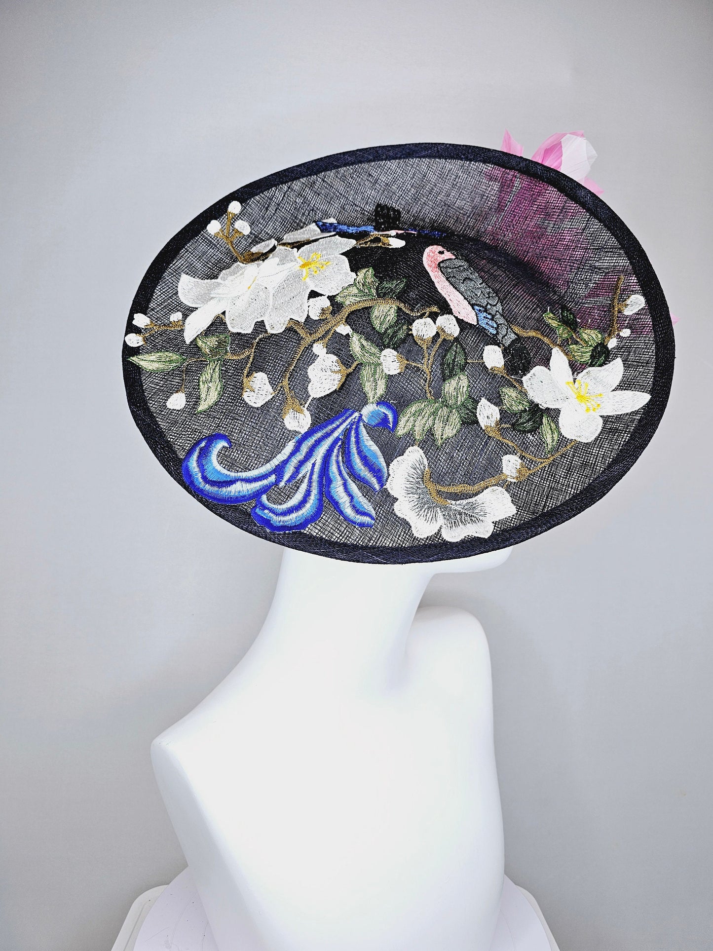 kentucky derby hat fascinator black sinamay saucer with embroidered white pink blue flowers with pink and white feathers