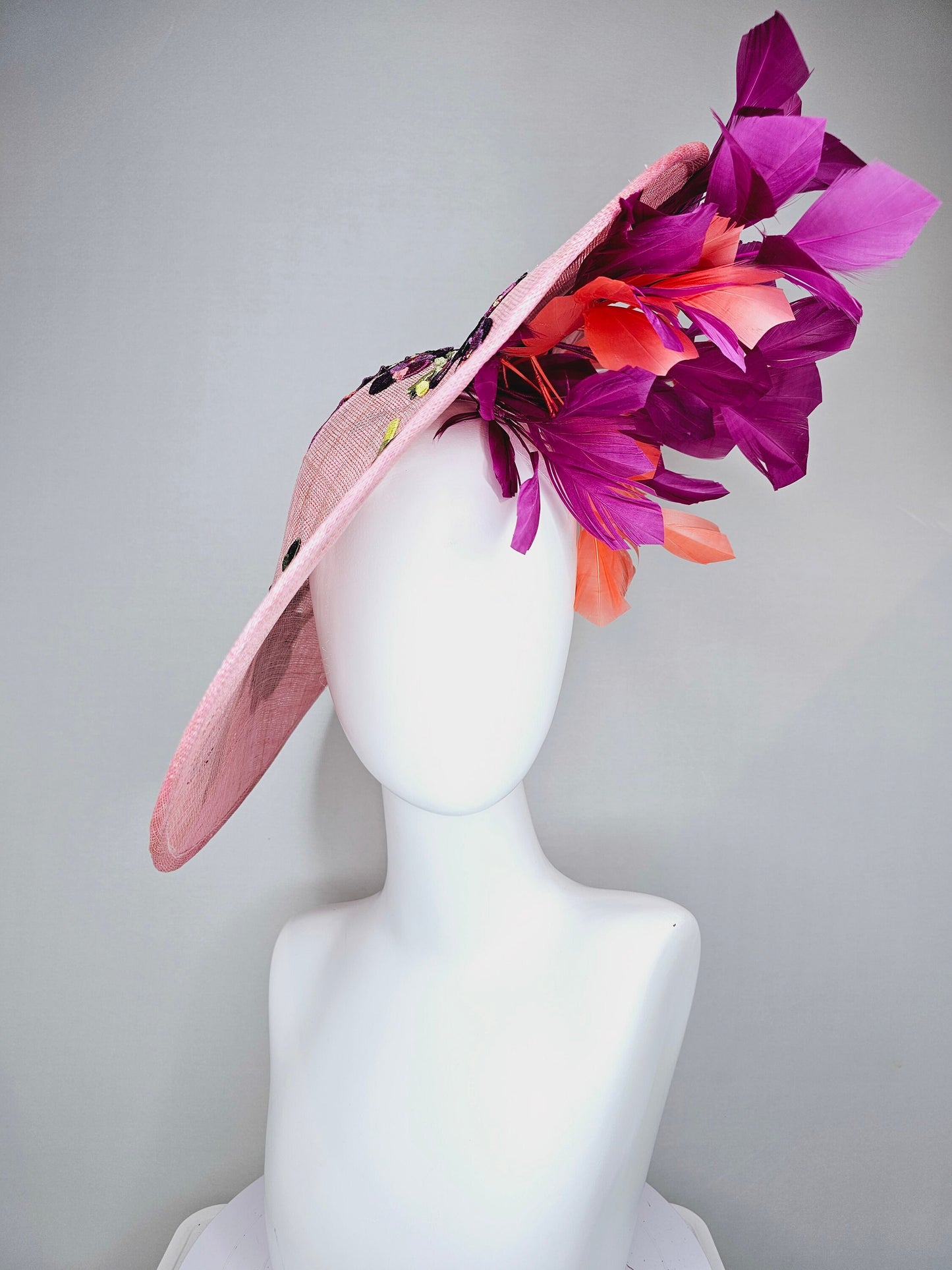 kentucky derby hat fascinator light pink coral sinamay saucer with lavender purple coral yellow embroidered flowers purple coral feathers