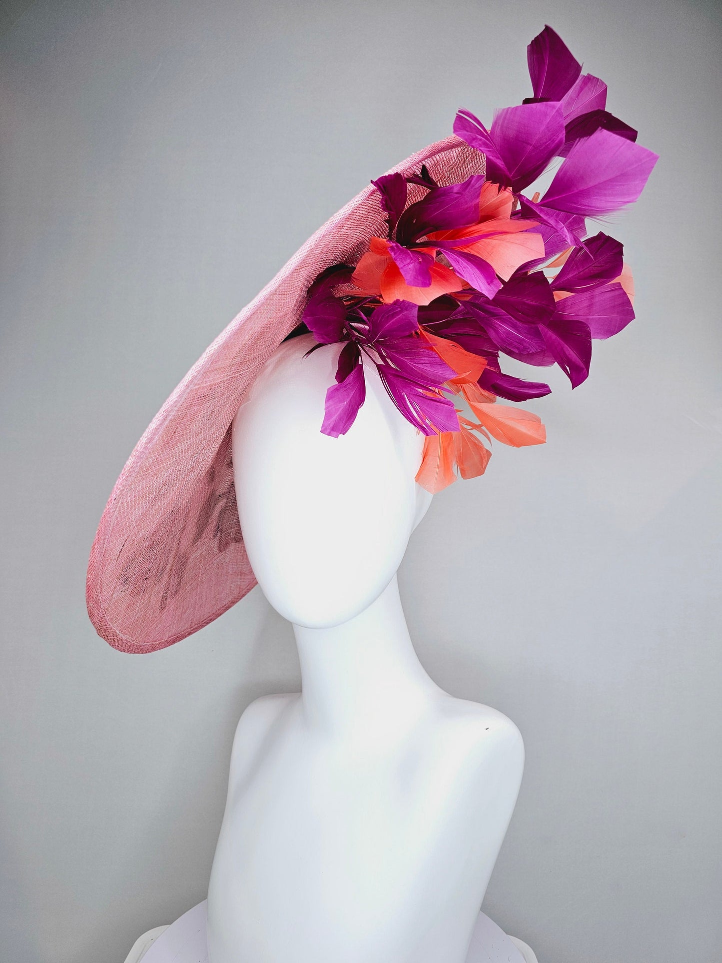 kentucky derby hat fascinator light pink coral sinamay saucer with lavender purple coral yellow embroidered flowers purple coral feathers