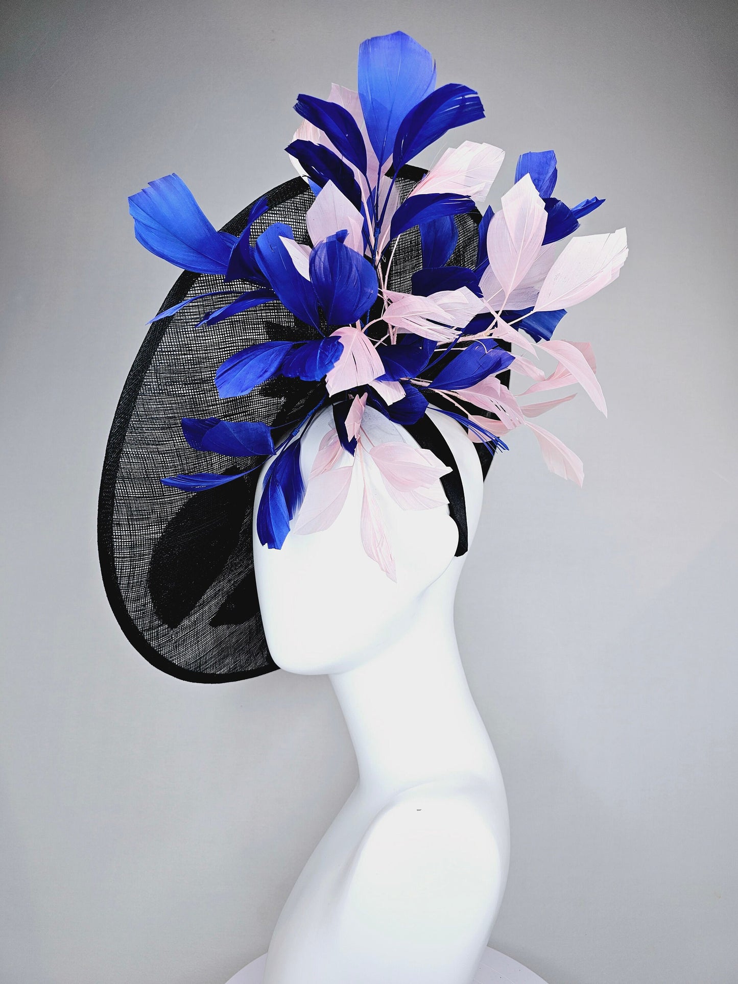 kentucky derby hat fascinator black sinamay saucer with yellow pink blue sequin embroidered flowers and blush pink blue feathers