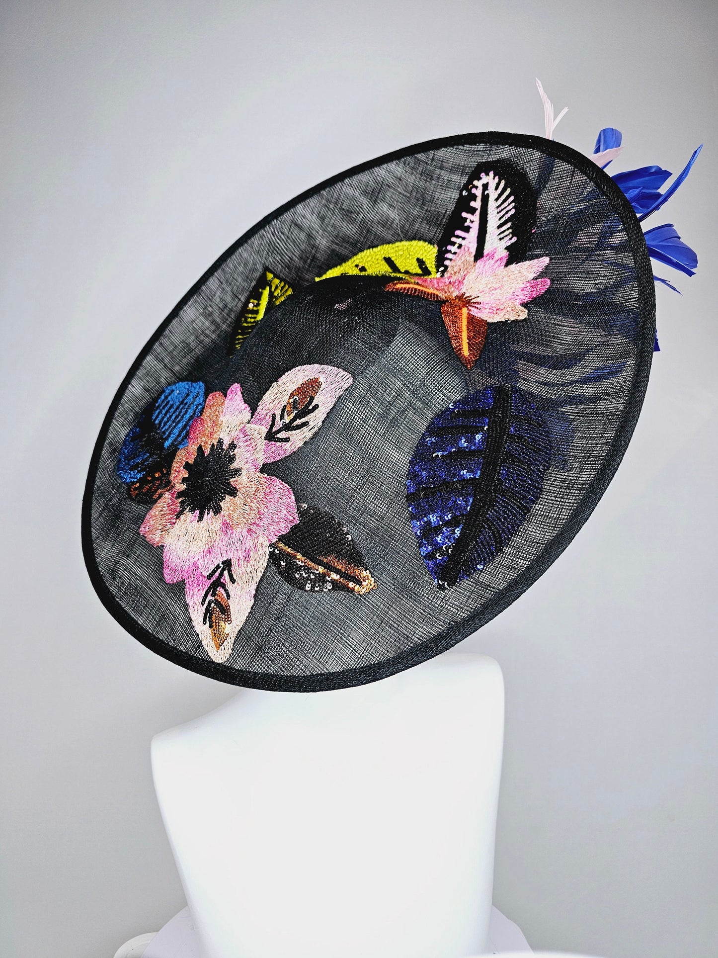 kentucky derby hat fascinator black sinamay saucer with yellow pink blue sequin embroidered flowers and blush pink blue feathers