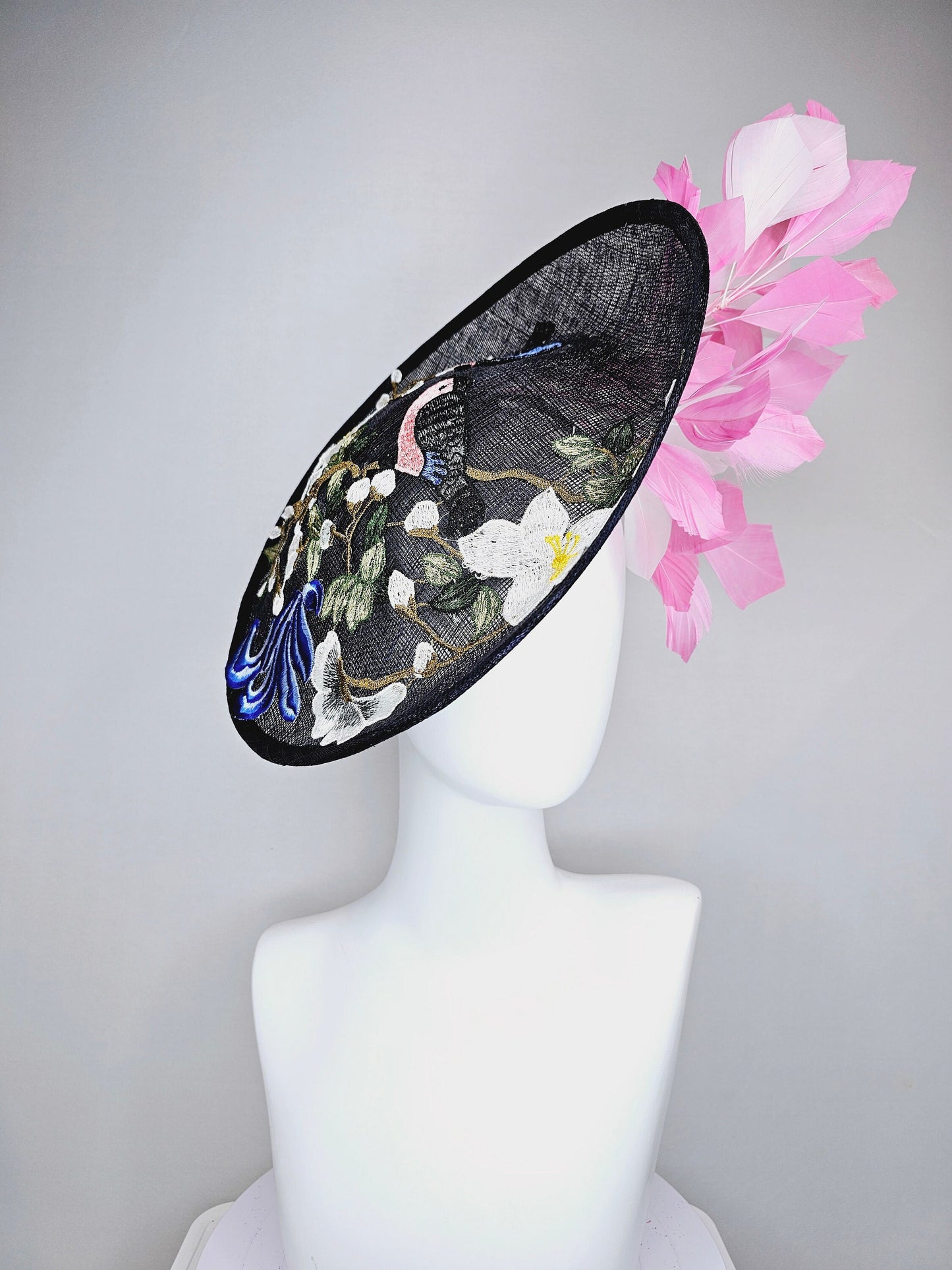 kentucky derby hat fascinator black sinamay saucer with embroidered white pink blue flowers with pink and white feathers