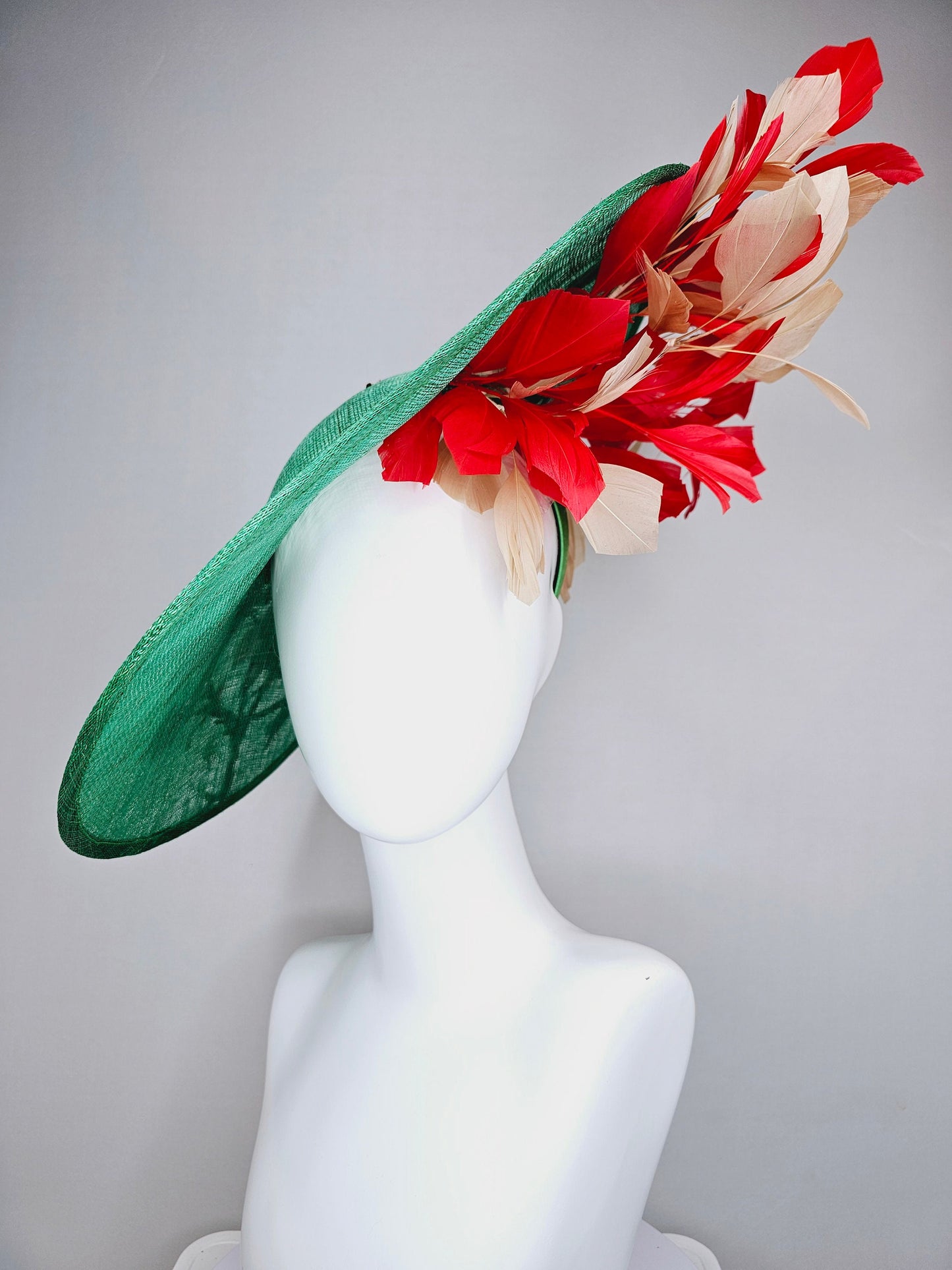 kentucky derby hat fascinator green sinamay saucer with embroidered gold red brown ivory flowers and red and gold feathers