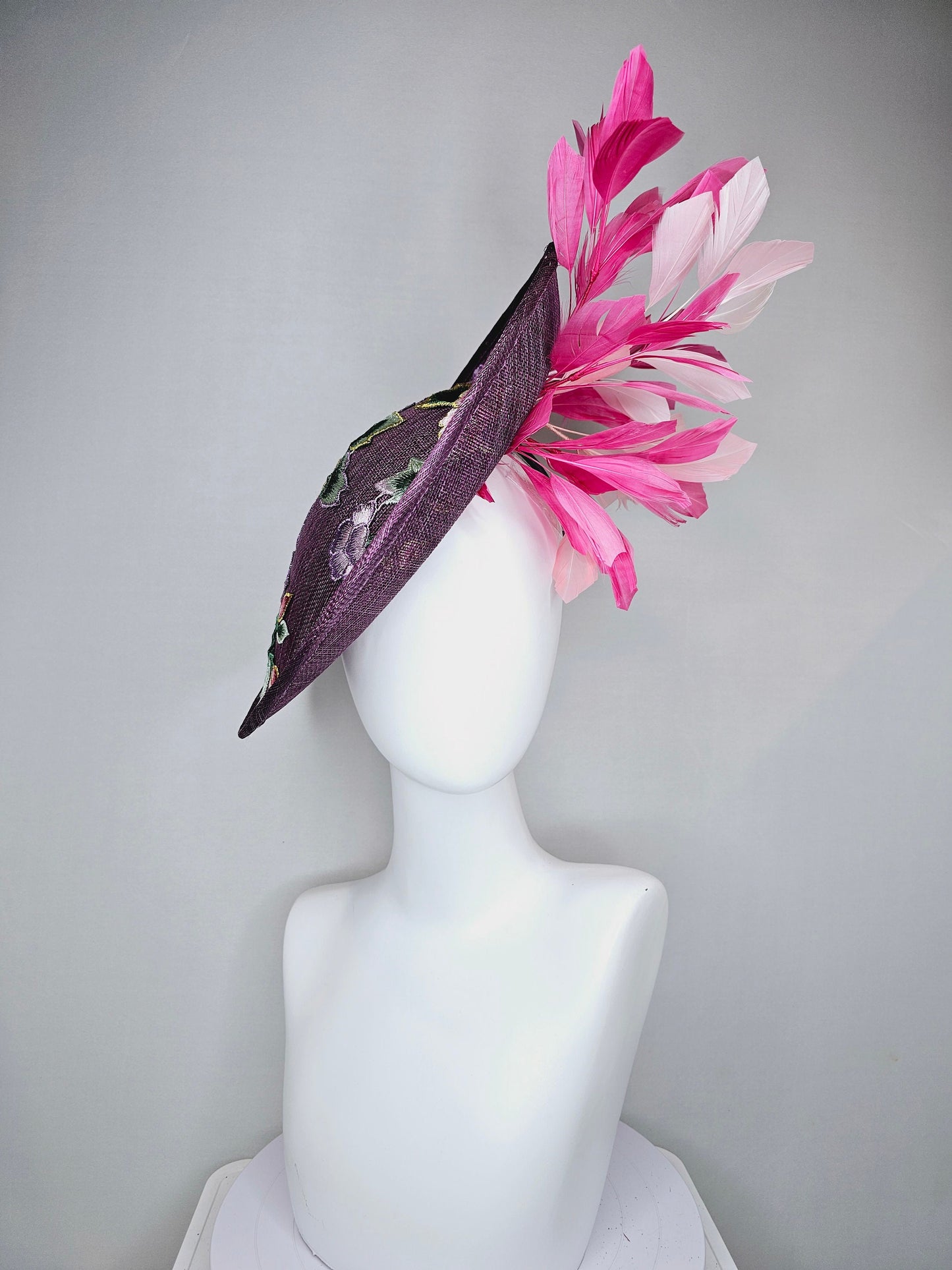 kentucky derby hat fascinator purple violet sinamay saucer with embroidered blue lavender pink green flowers with pink and blush feathers