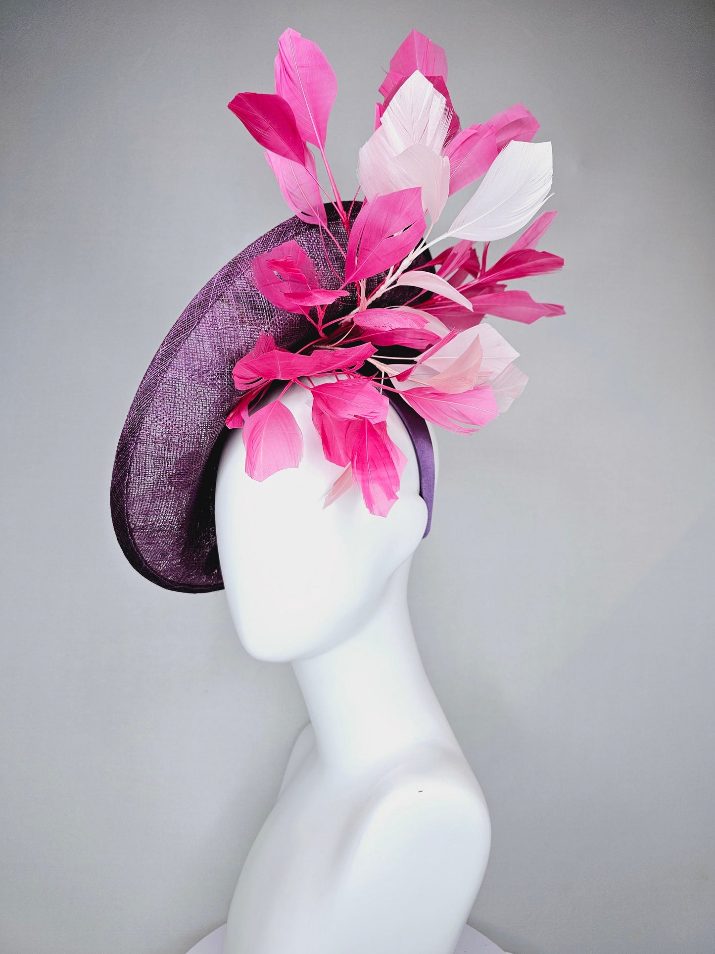 kentucky derby hat fascinator purple violet sinamay saucer with embroidered blue lavender pink green flowers with pink and blush feathers