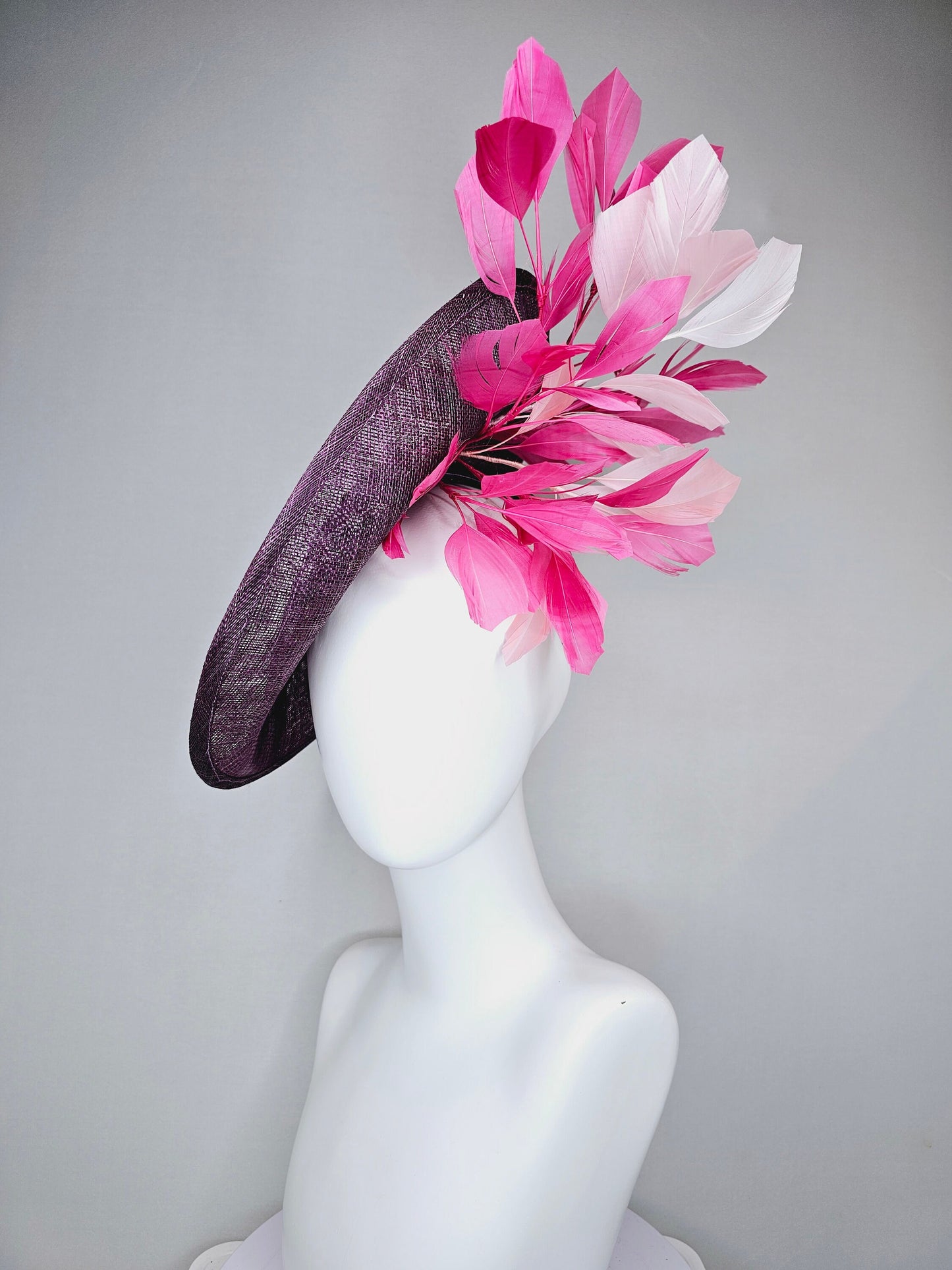 kentucky derby hat fascinator purple violet sinamay saucer with embroidered blue lavender pink green flowers with pink and blush feathers