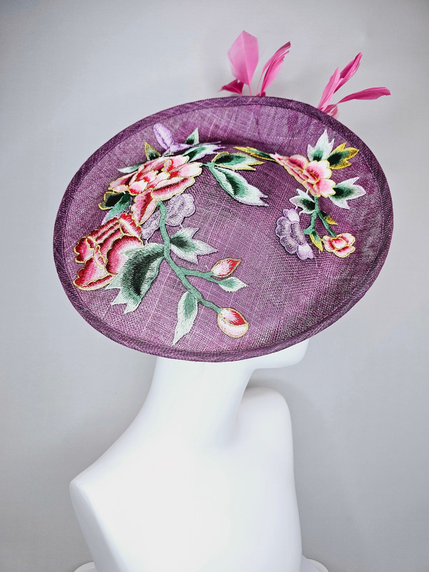 kentucky derby hat fascinator purple violet sinamay saucer with embroidered blue lavender pink green flowers with pink and blush feathers