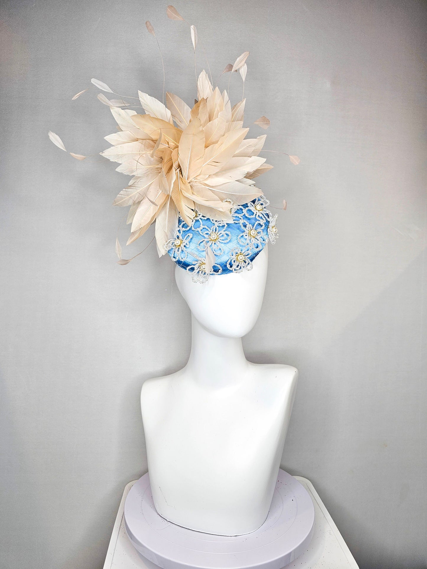 kentucky derby hat fascinator hat light blue satin with large apricot champagne peach feathers with beige gold white pearl beaded flowers