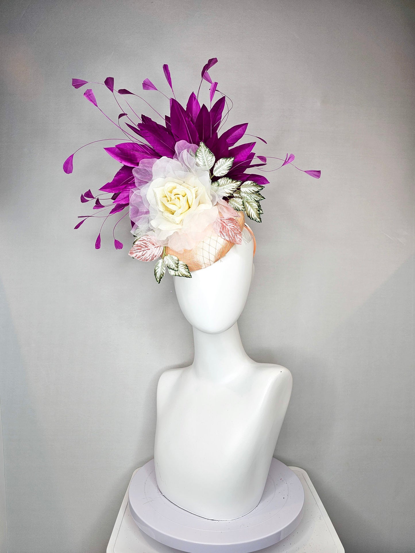 kentucky derby hat fascinator champagne blush pink satin with purple feathers organza ivory rose flower green gray satin and pink leaves