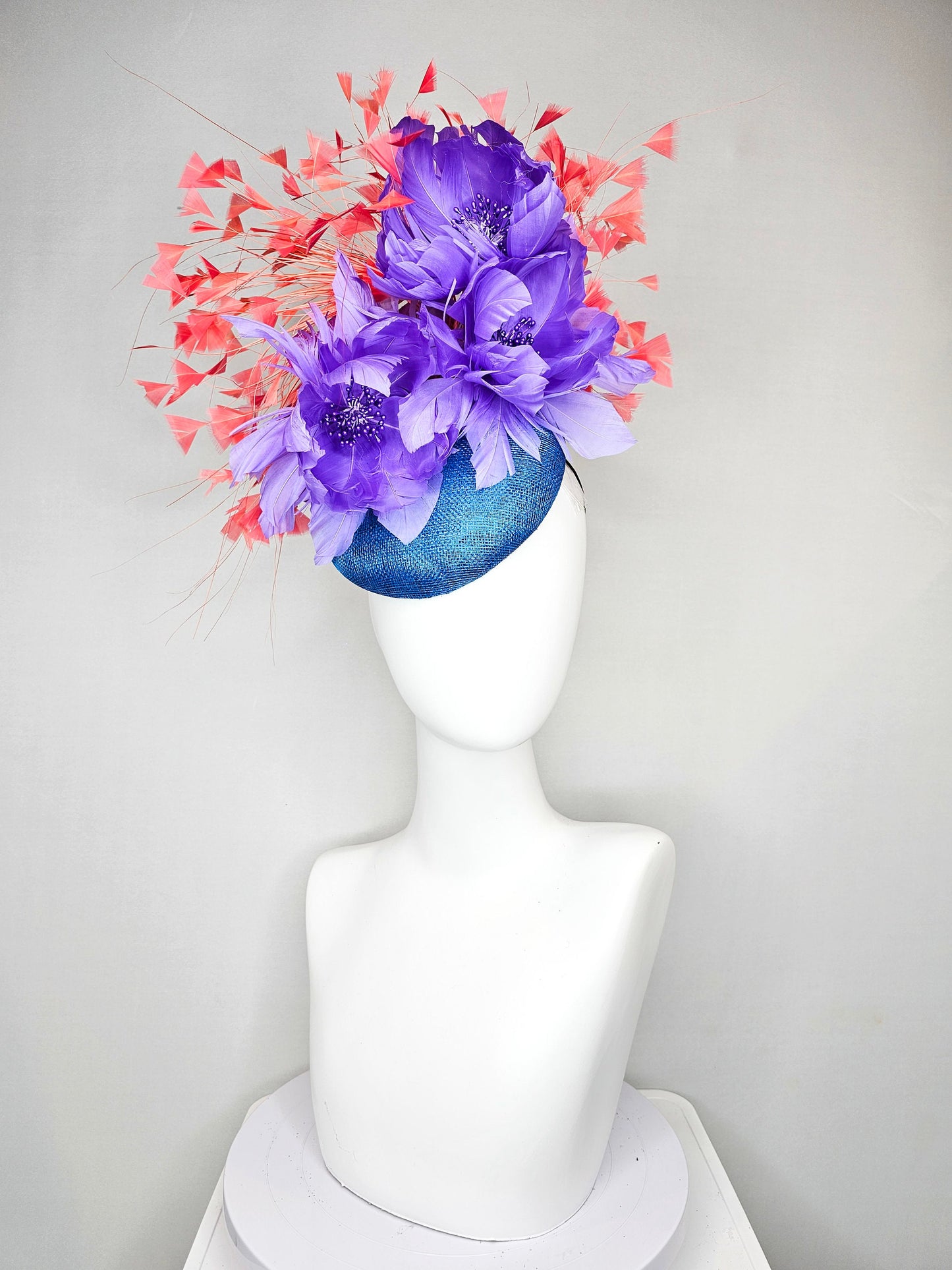 kentucky derby hat fascinator turquoise blue sinamay orange coral feathers and lavender purple fluffy feather flowers