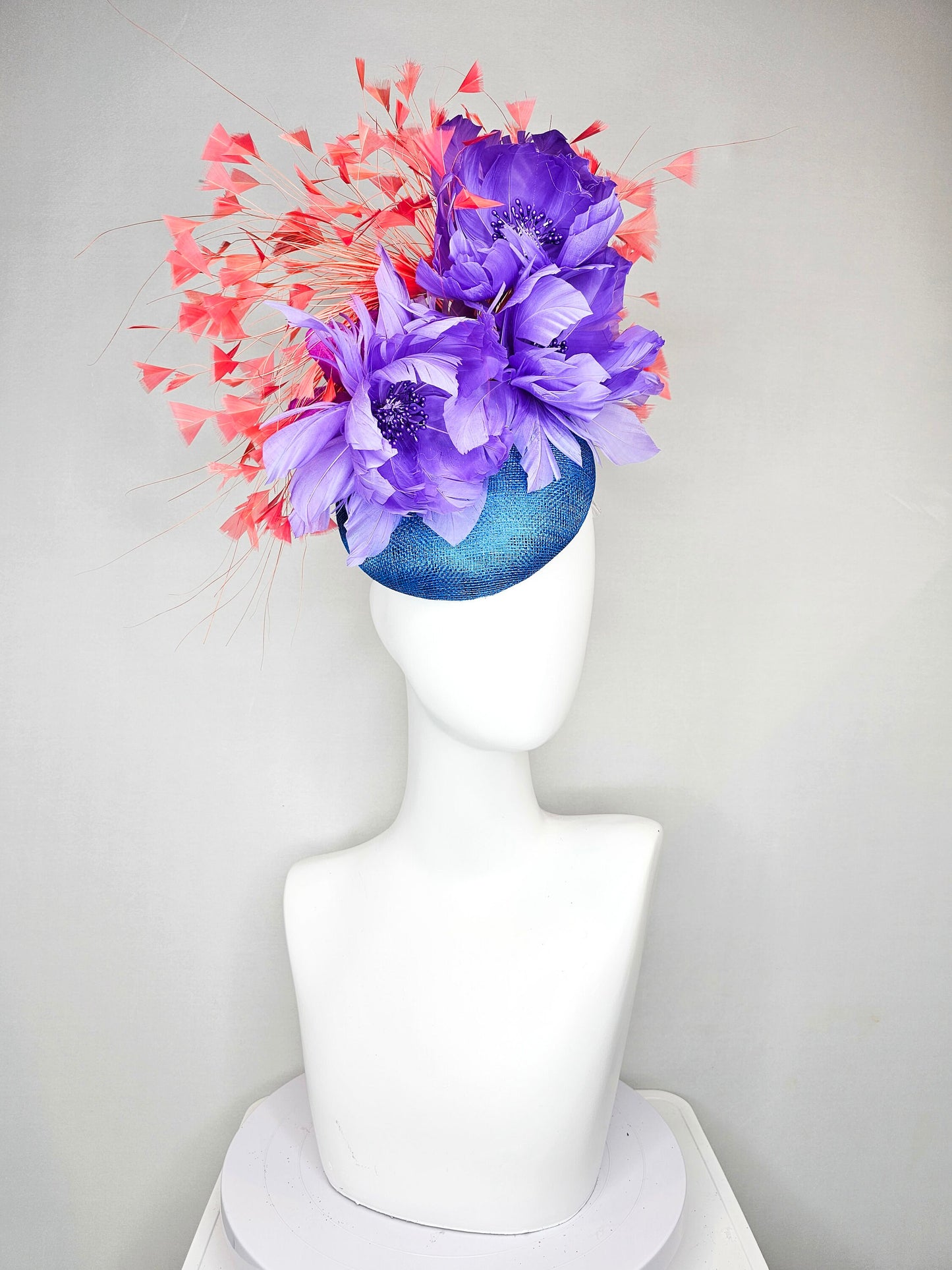 kentucky derby hat fascinator turquoise blue sinamay orange coral feathers and lavender purple fluffy feather flowers