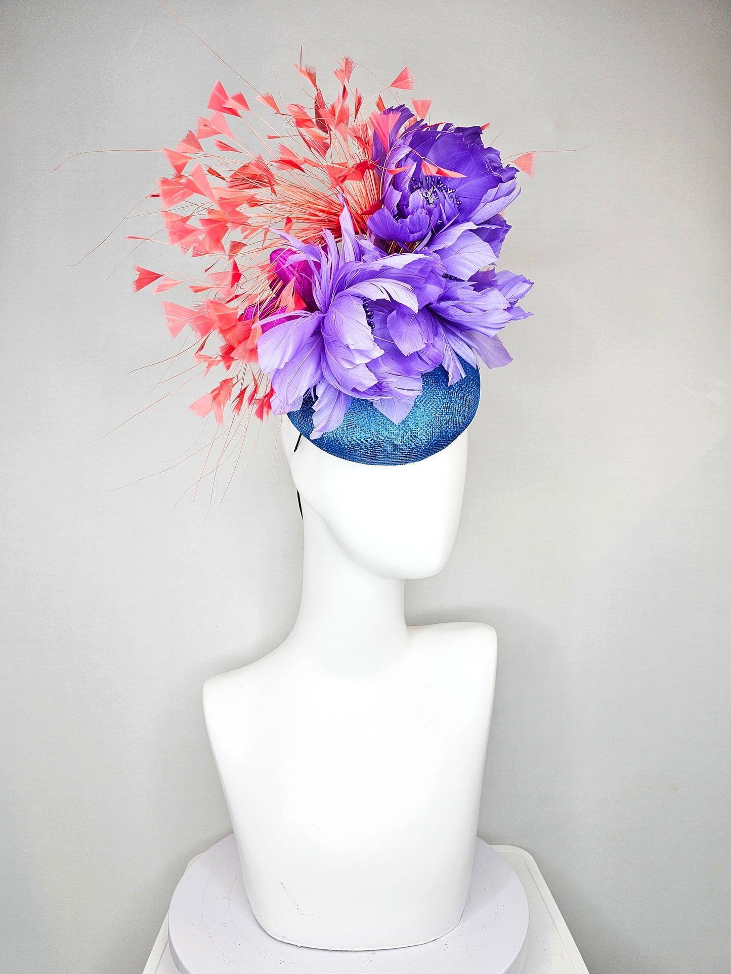 kentucky derby hat fascinator turquoise blue sinamay orange coral feathers and lavender purple fluffy feather flowers