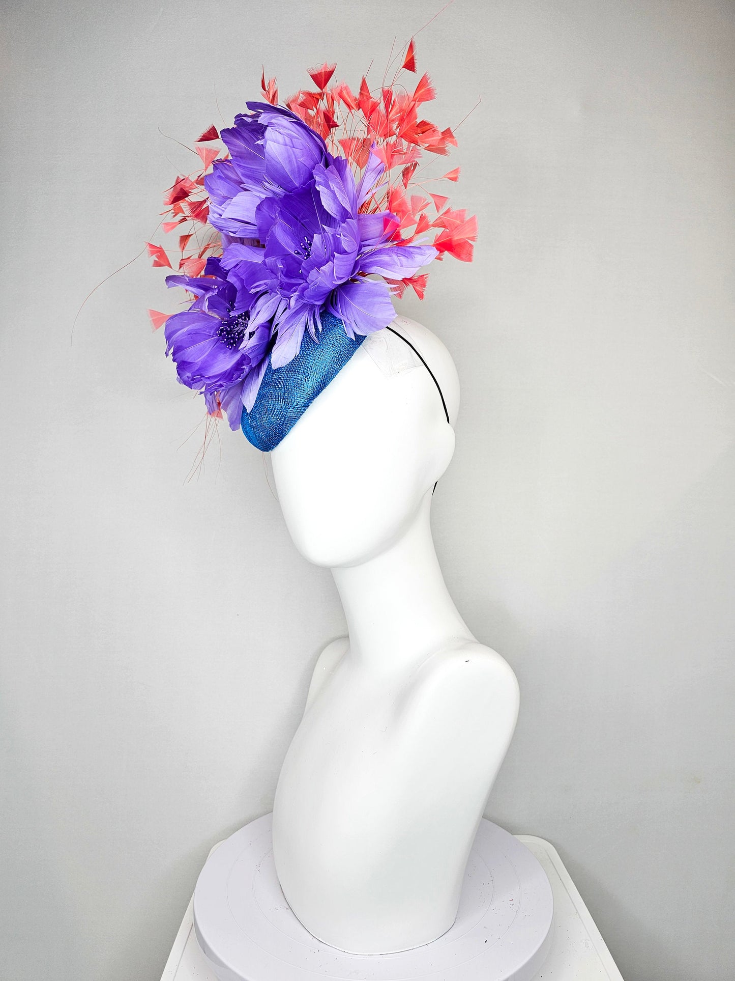 kentucky derby hat fascinator turquoise blue sinamay orange coral feathers and lavender purple fluffy feather flowers