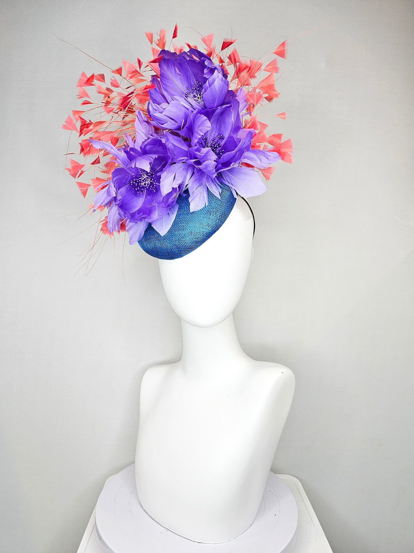 kentucky derby hat fascinator turquoise blue sinamay orange coral feathers and lavender purple fluffy feather flowers