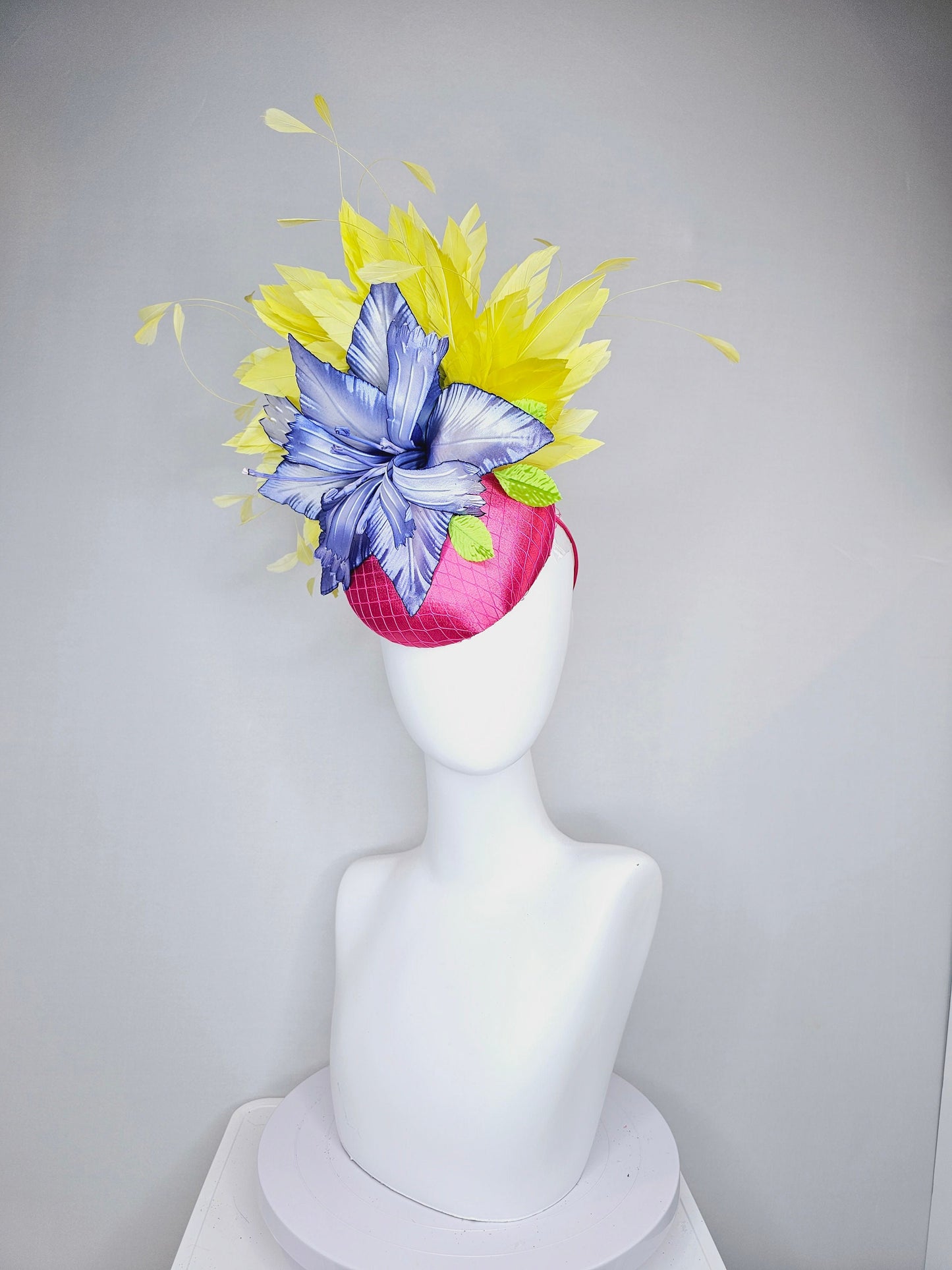 kentucky derby hat fascinator hot pink satin with large blue wired satin flower with yellow feathers