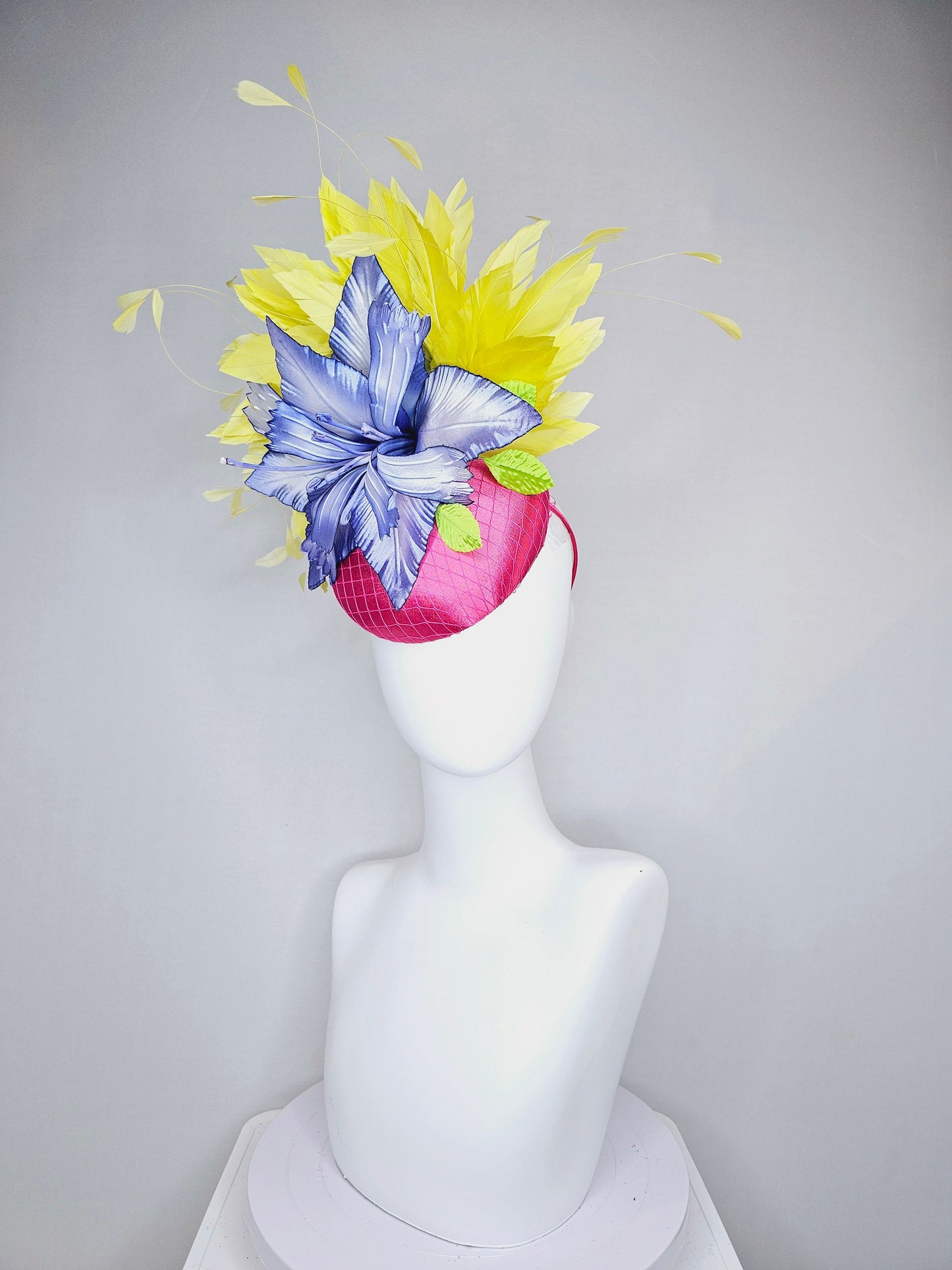 kentucky derby hat fascinator hot pink satin with large blue wired satin flower with yellow feathers