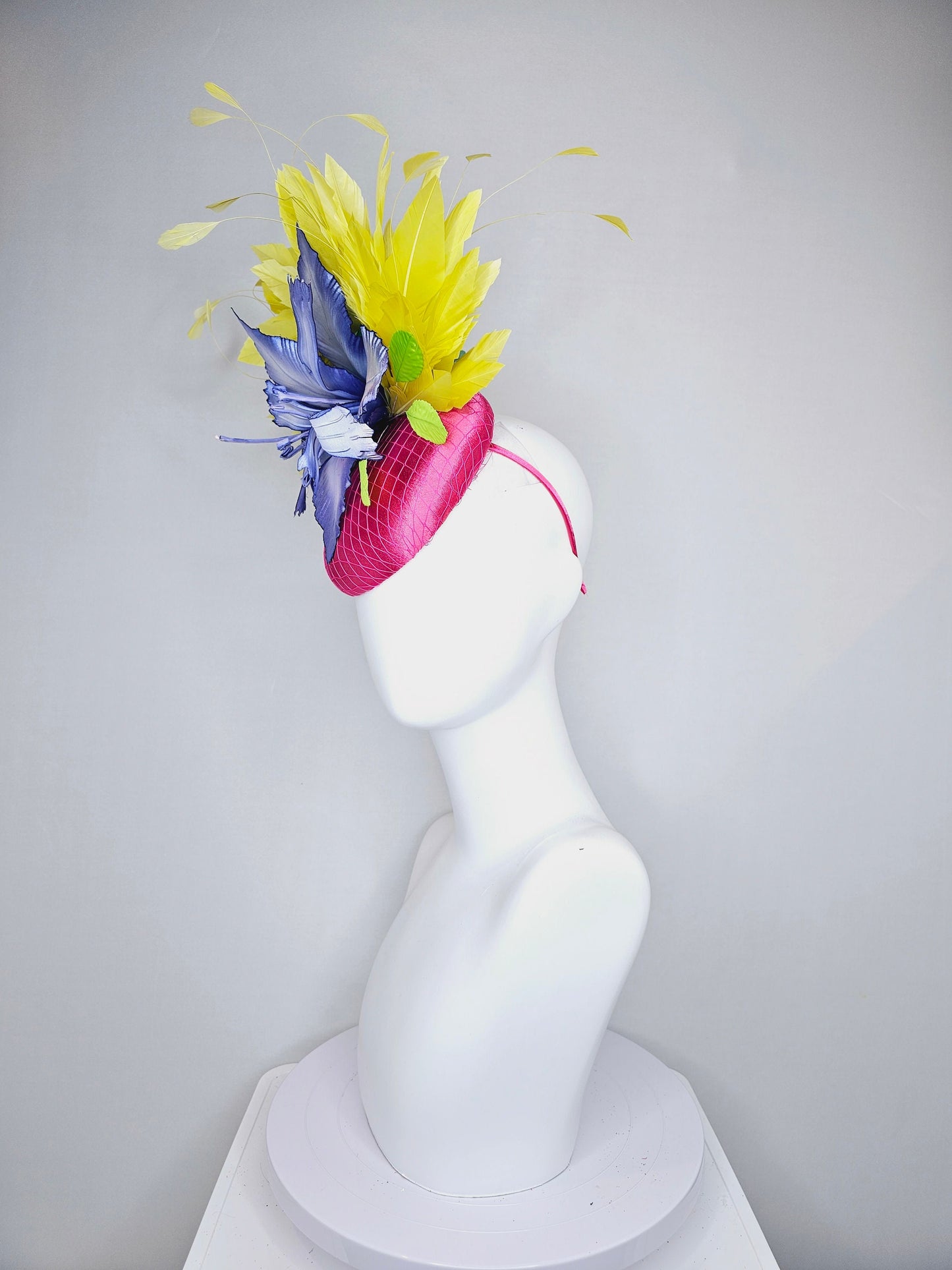 kentucky derby hat fascinator hot pink satin with large blue wired satin flower with yellow feathers