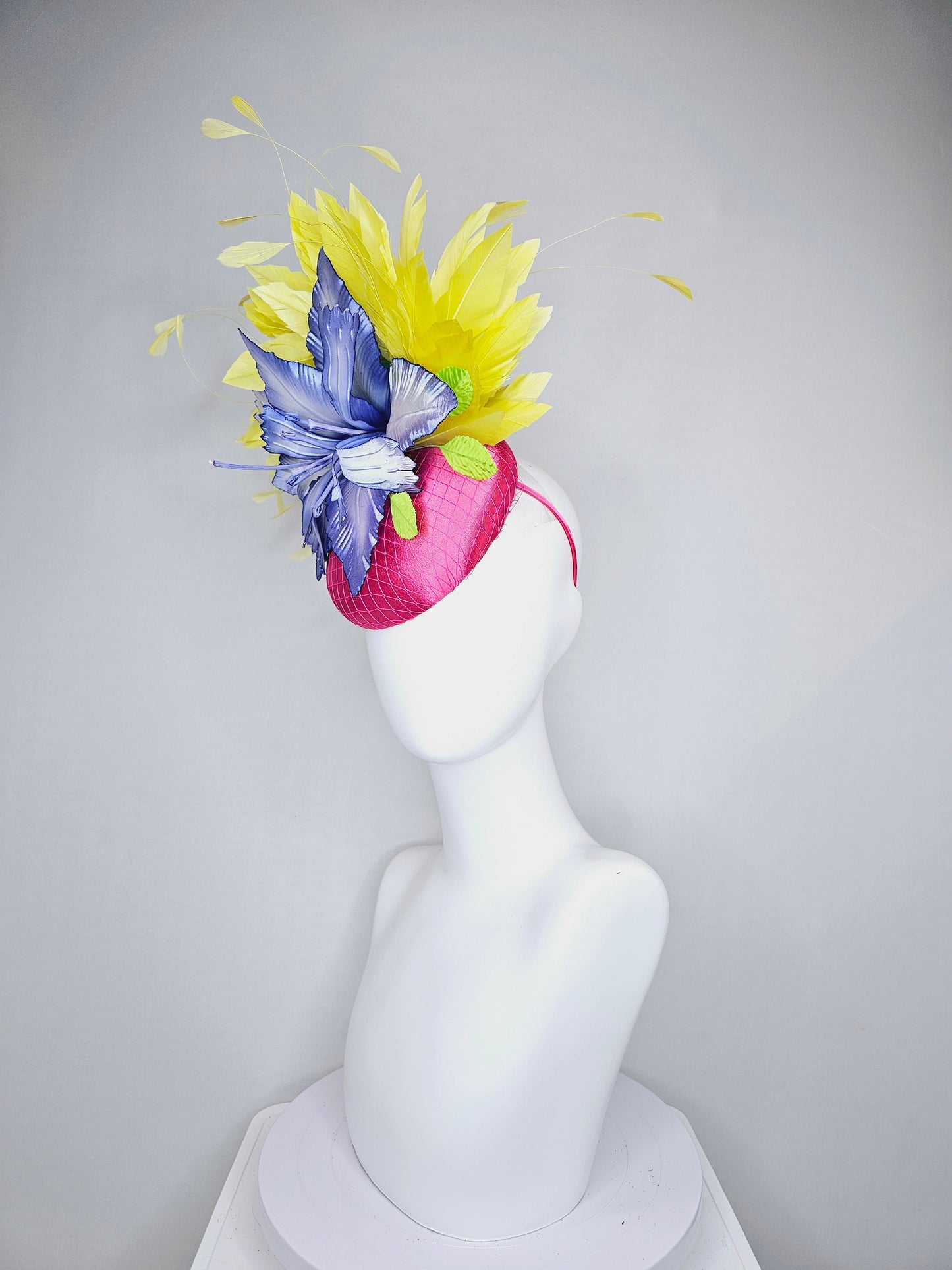 kentucky derby hat fascinator hot pink satin with large blue wired satin flower with yellow feathers