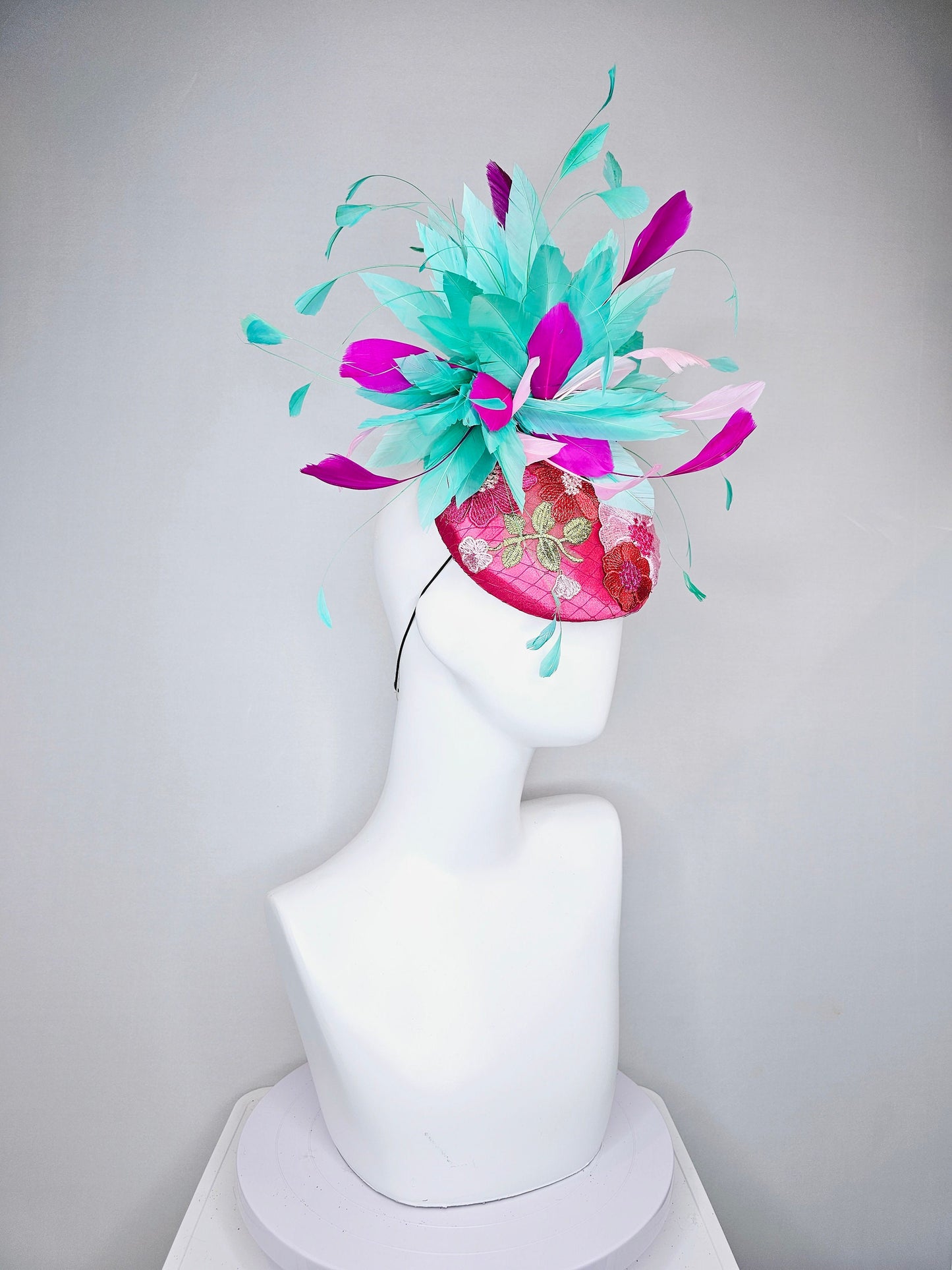 kentucky derby hat fascinator hot pink satin with embroidered colorful flowers pink green feather pouf