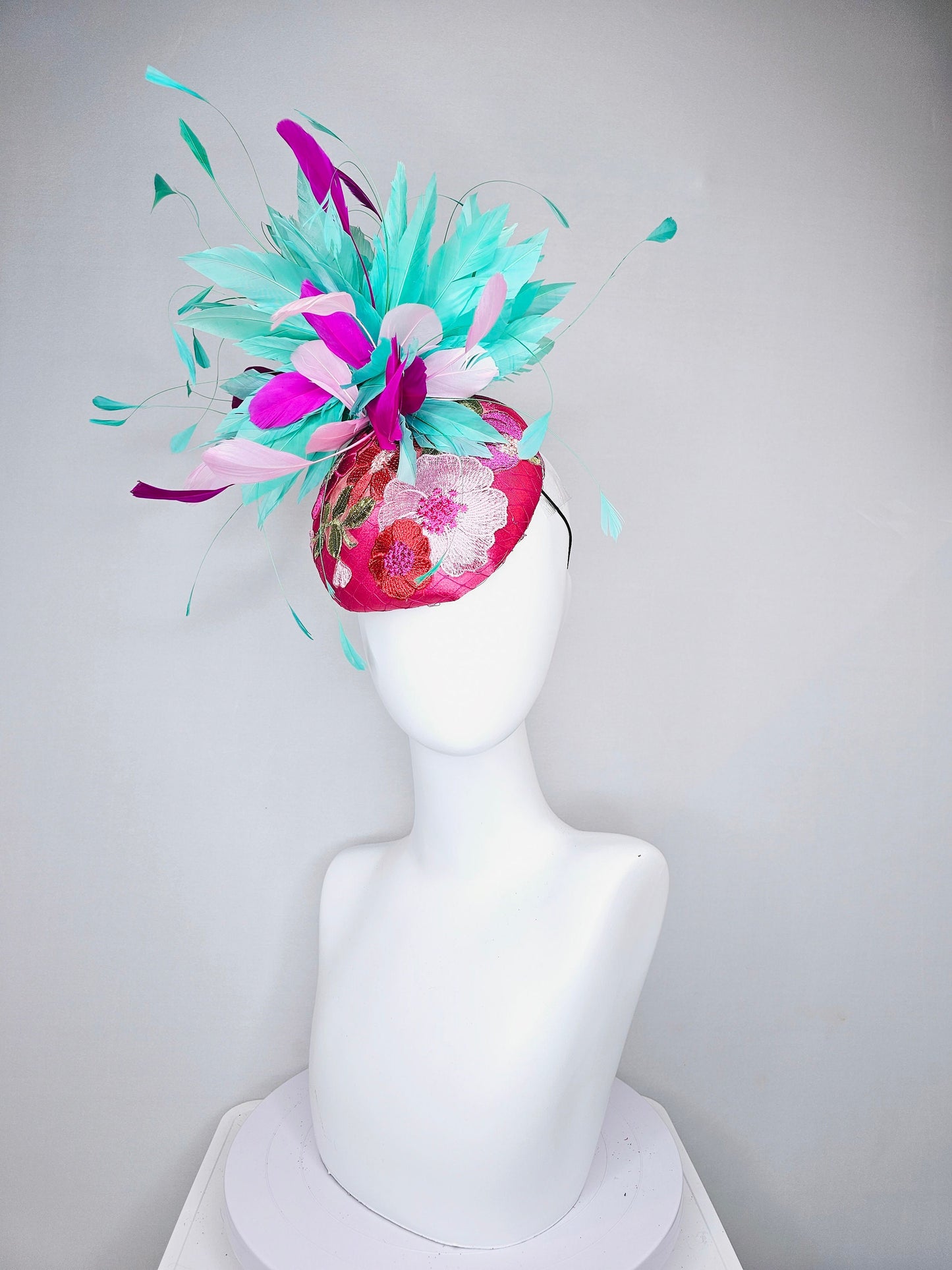 kentucky derby hat fascinator hot pink satin with embroidered colorful flowers pink green feather pouf