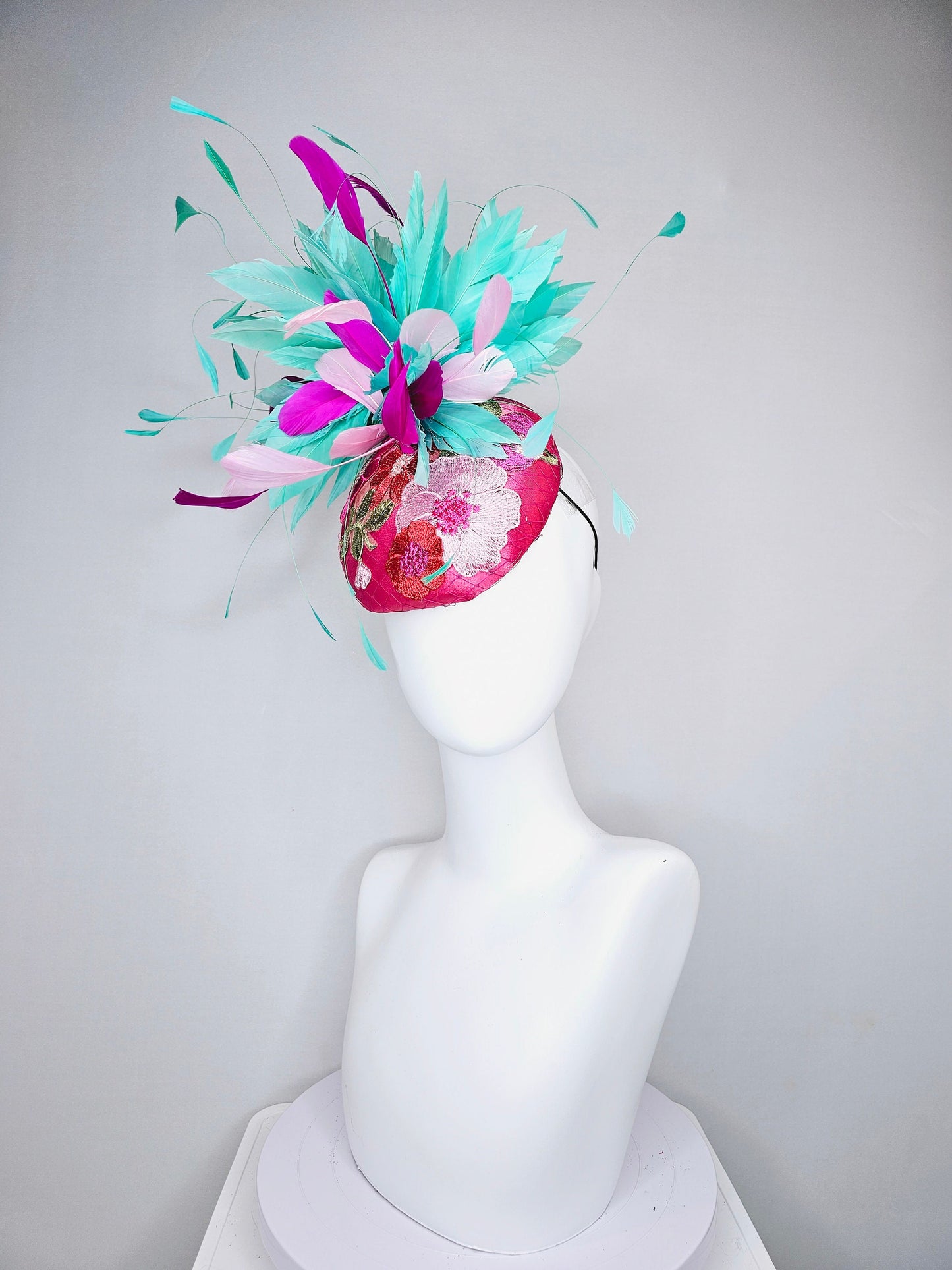 kentucky derby hat fascinator hot pink satin with embroidered colorful flowers pink green feather pouf