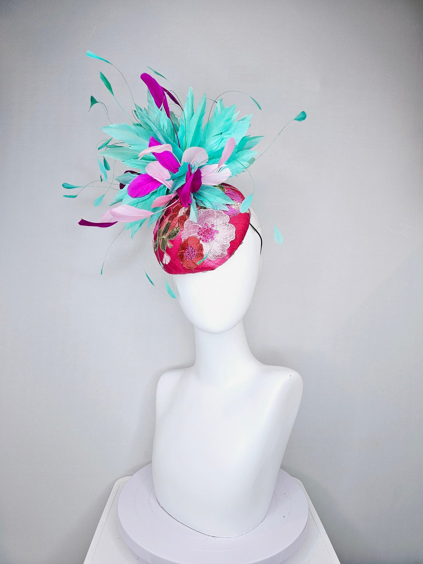 kentucky derby hat fascinator hot pink satin with embroidered colorful flowers pink green feather pouf