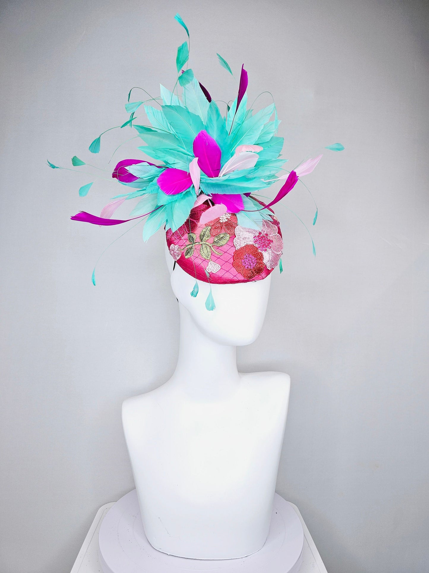 kentucky derby hat fascinator hot pink satin with embroidered colorful flowers pink green feather pouf