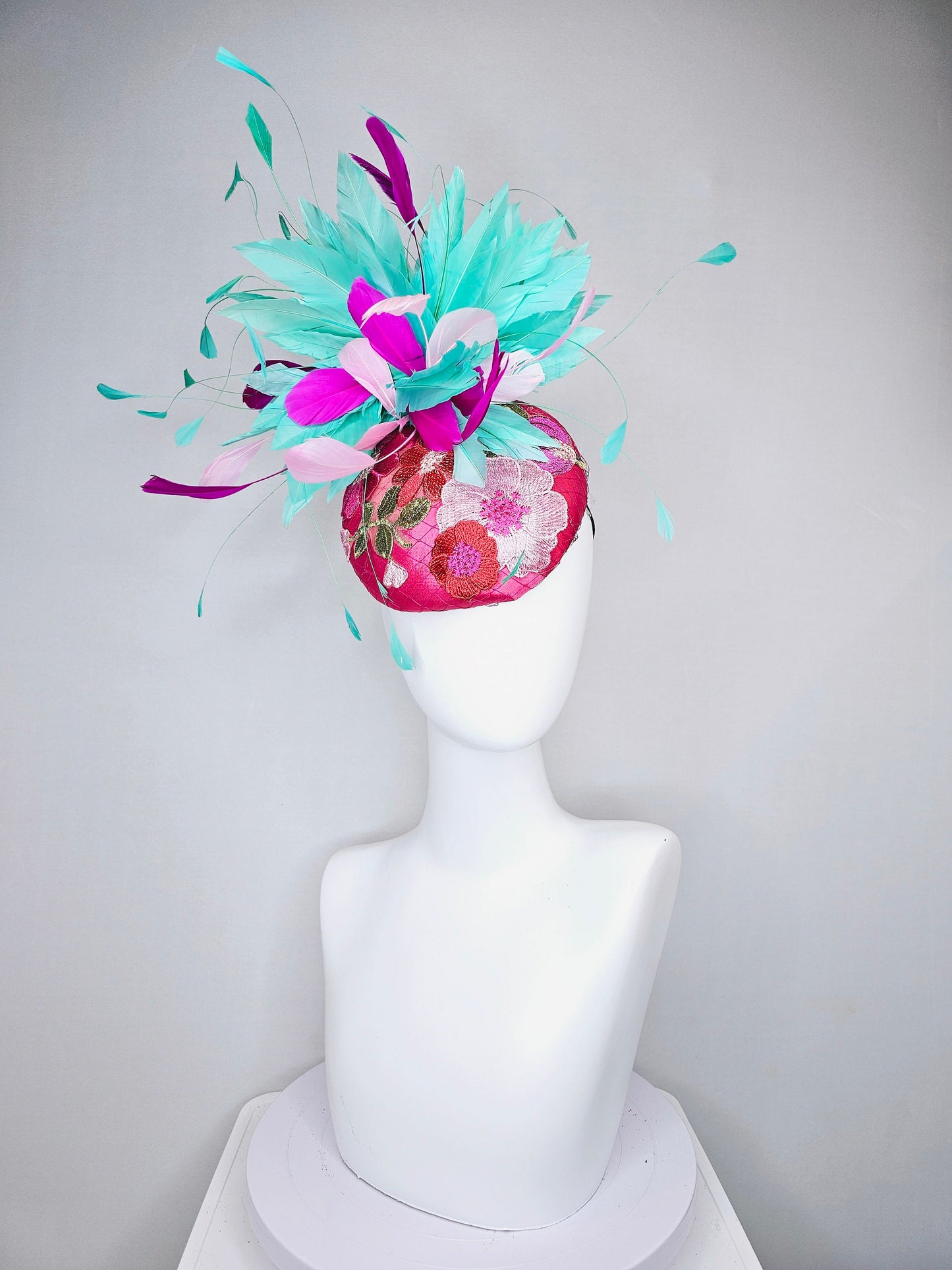 kentucky derby hat fascinator hot pink satin with embroidered colorful flowers pink green feather pouf