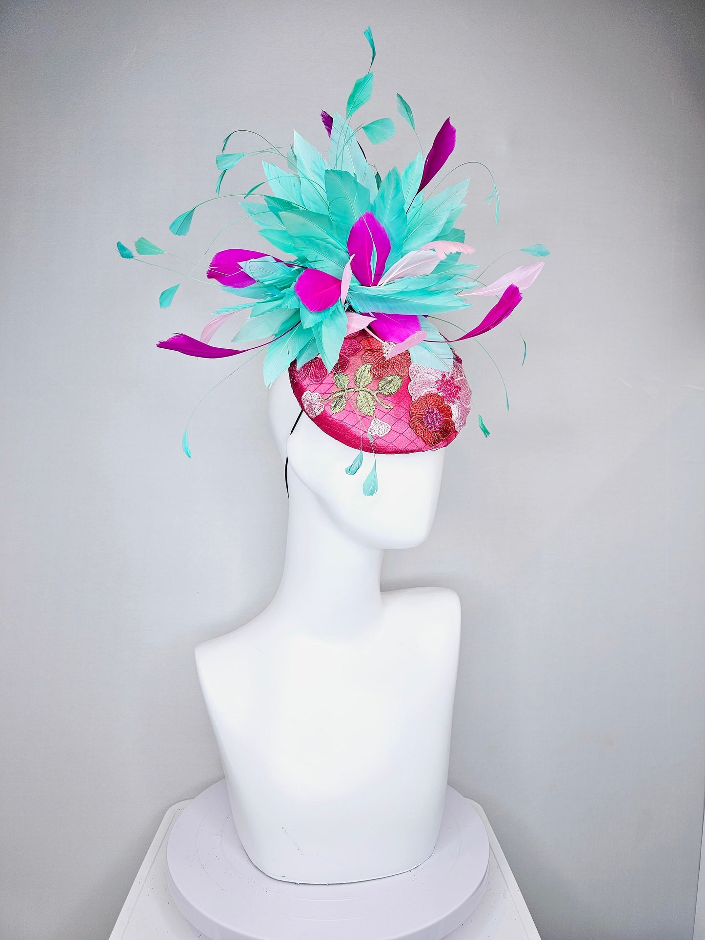kentucky derby hat fascinator hot pink satin with embroidered colorful flowers pink green feather pouf