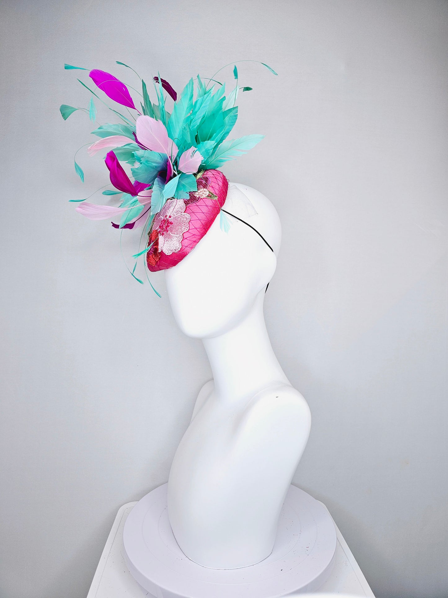 kentucky derby hat fascinator hot pink satin with embroidered colorful flowers pink green feather pouf