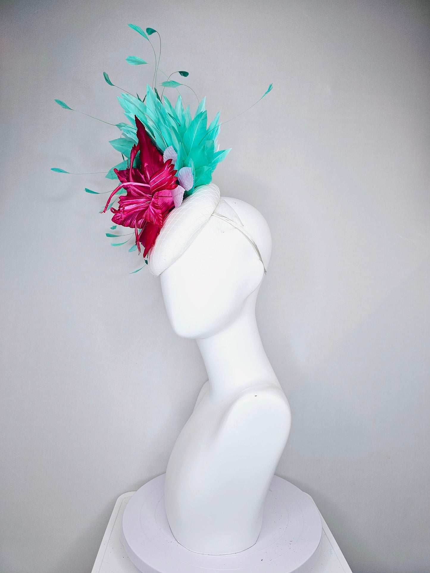 kentucky derby hat fascinator white satin bright pink fuchsia satin flower with green feathers