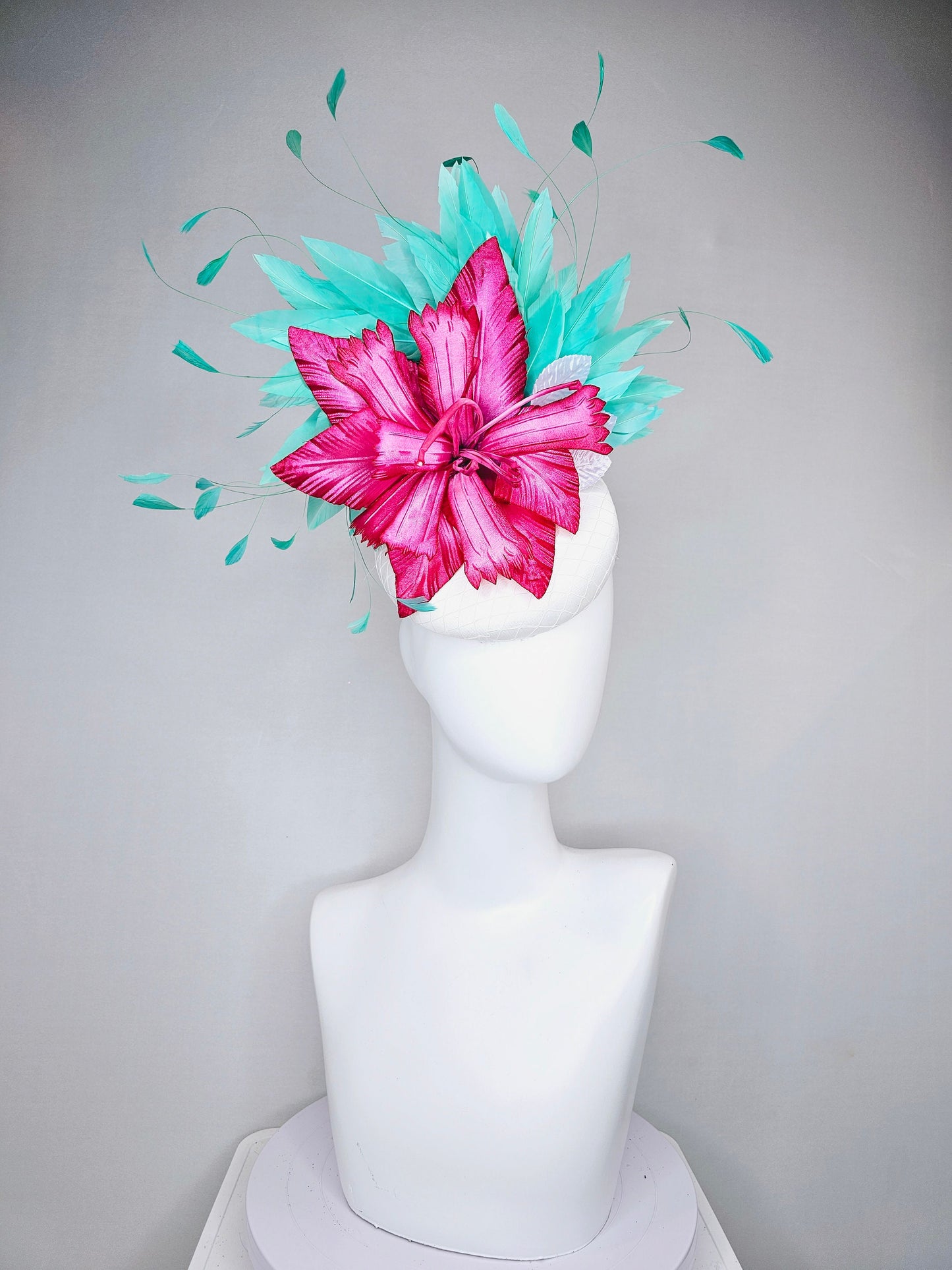 kentucky derby hat fascinator white satin bright pink fuchsia satin flower with green feathers
