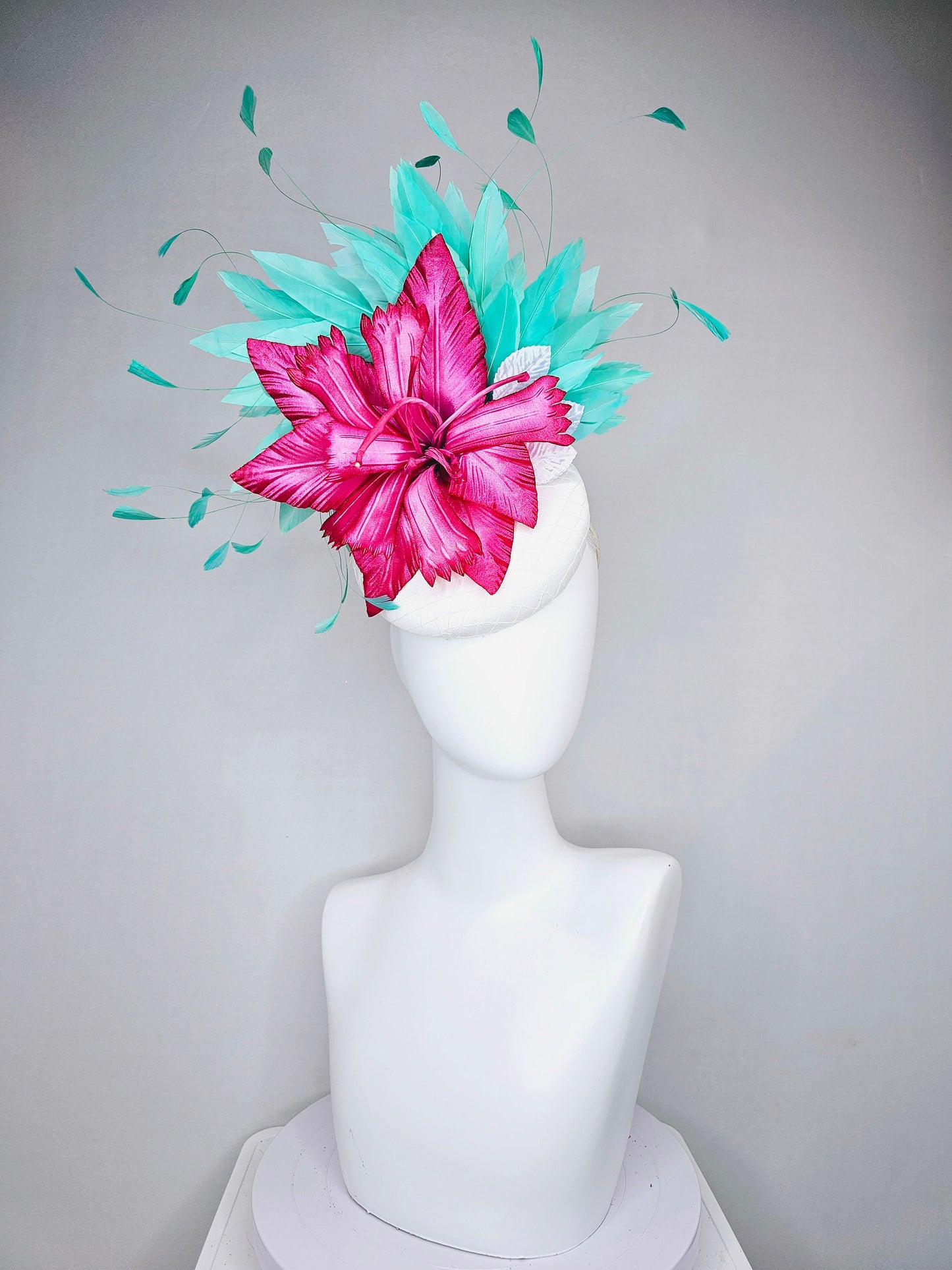kentucky derby hat fascinator white satin bright pink fuchsia satin flower with green feathers