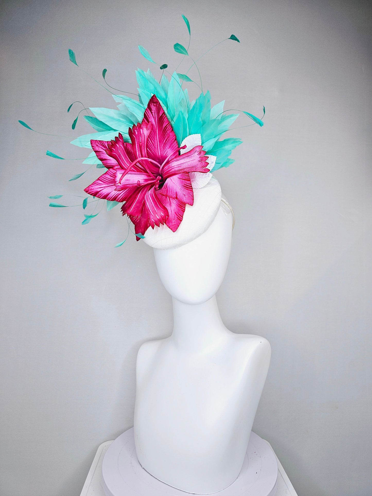 kentucky derby hat fascinator white satin bright pink fuchsia satin flower with green feathers