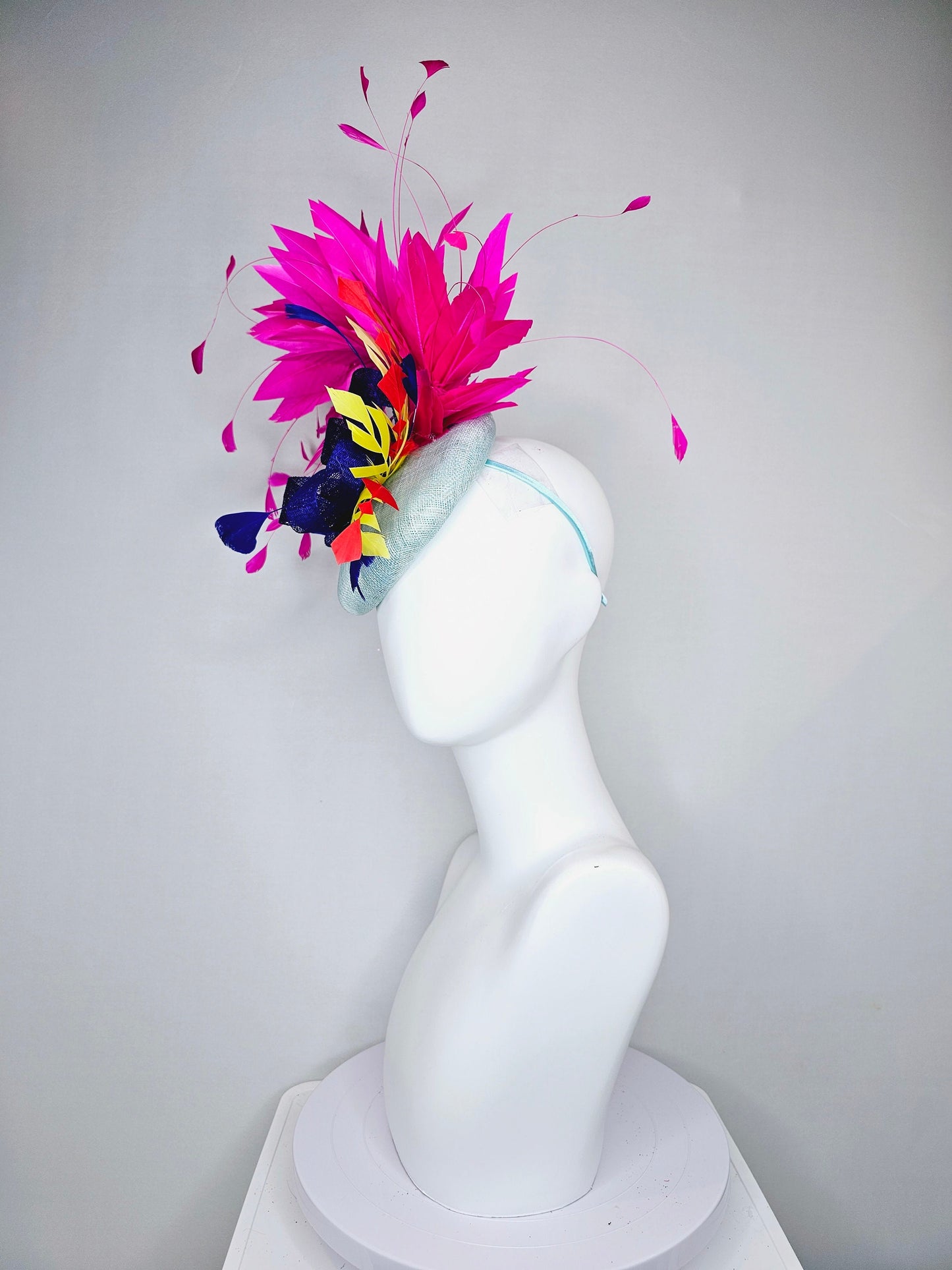 kentucky derby hat fascinator light blue sinamay large hot pink feathers royal blue sinamay bow and yellow and red cut feathers