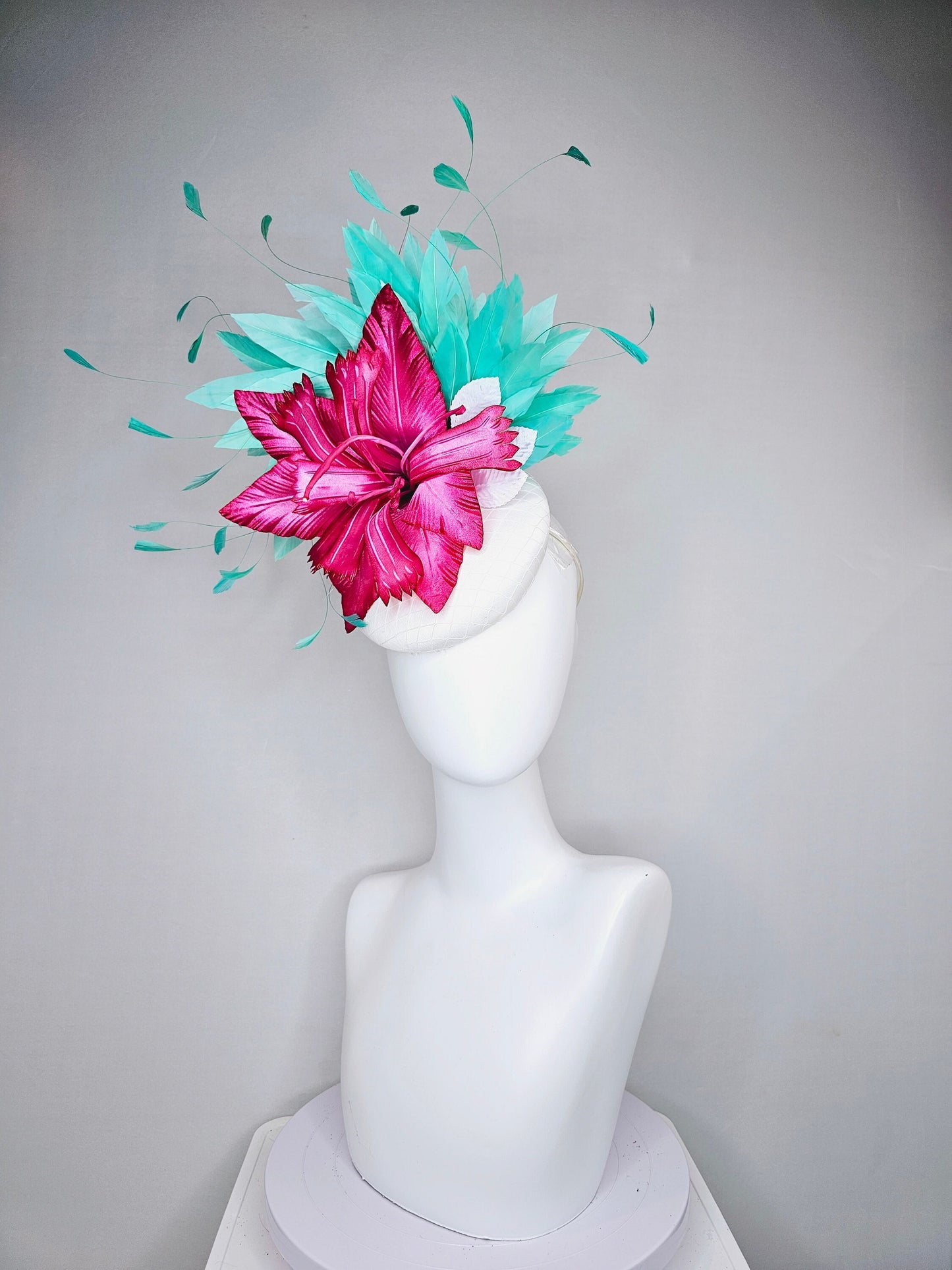 kentucky derby hat fascinator white satin bright pink fuchsia satin flower with green feathers