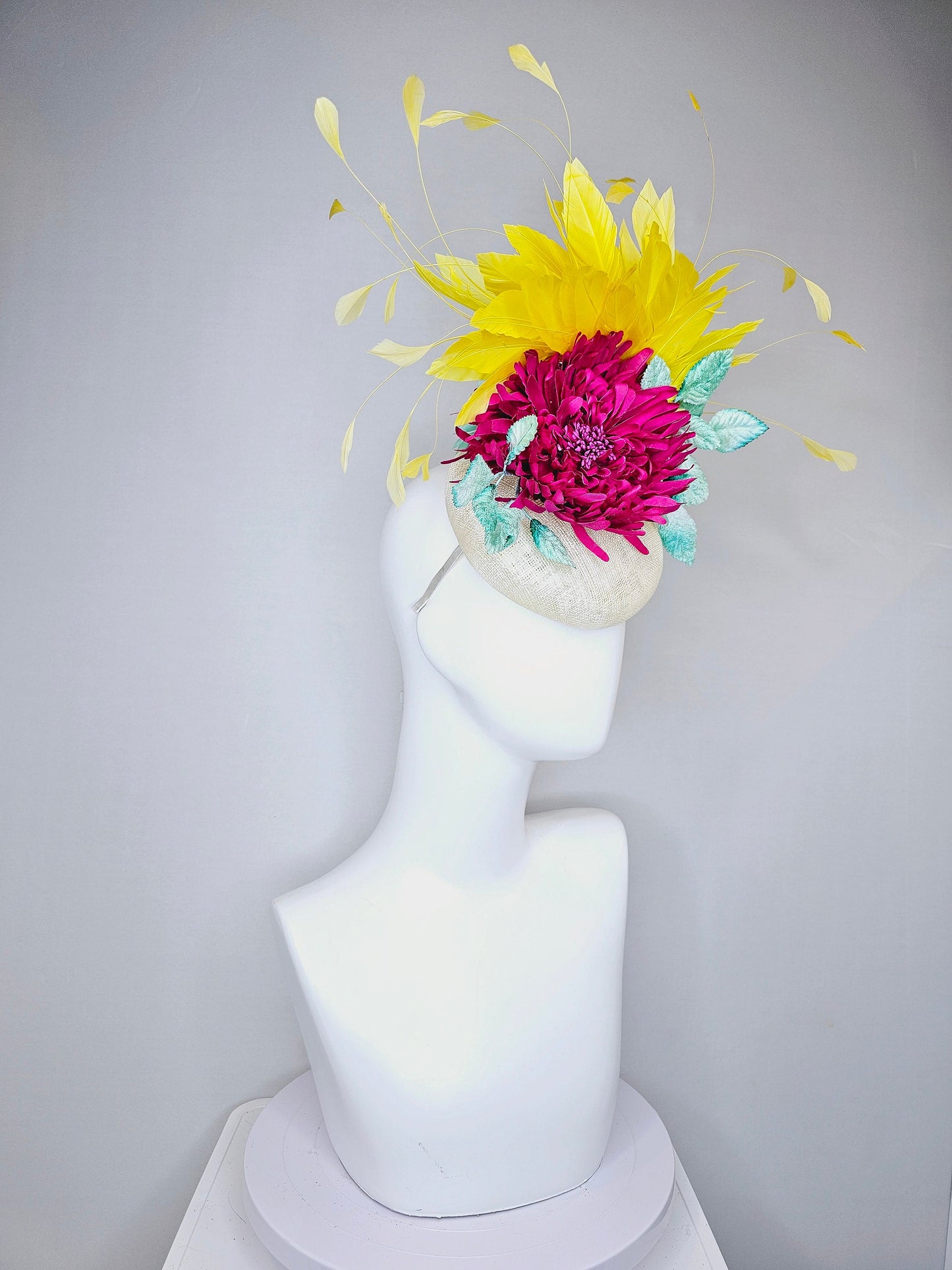 kentucky derby hat fascinator white sinamay with red pink fuchsia flower mint green velvet leaves yellow feathers