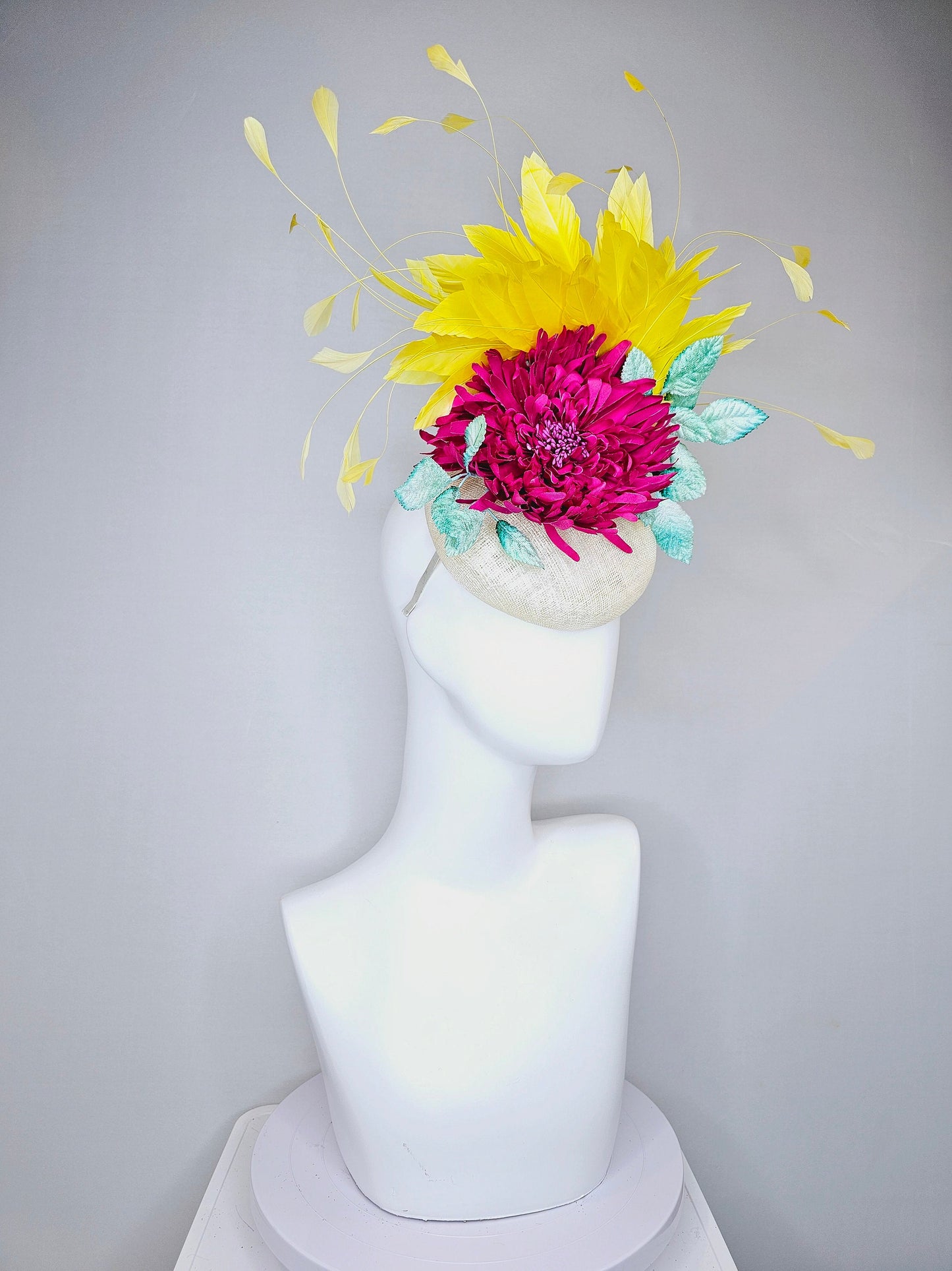 kentucky derby hat fascinator white sinamay with red pink fuchsia flower mint green velvet leaves yellow feathers