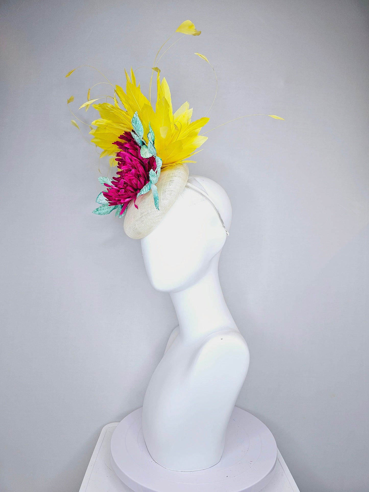 kentucky derby hat fascinator white sinamay with red pink fuchsia flower mint green velvet leaves yellow feathers