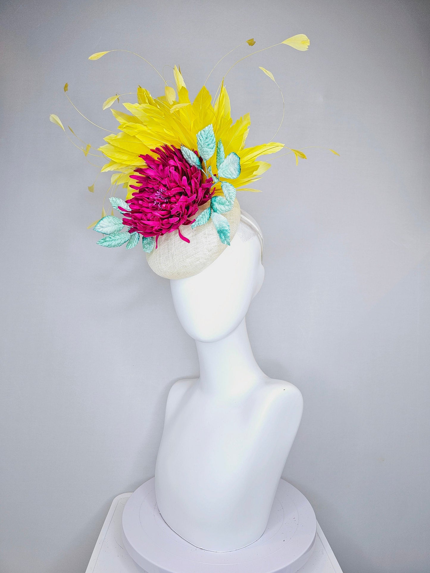 kentucky derby hat fascinator white sinamay with red pink fuchsia flower mint green velvet leaves yellow feathers