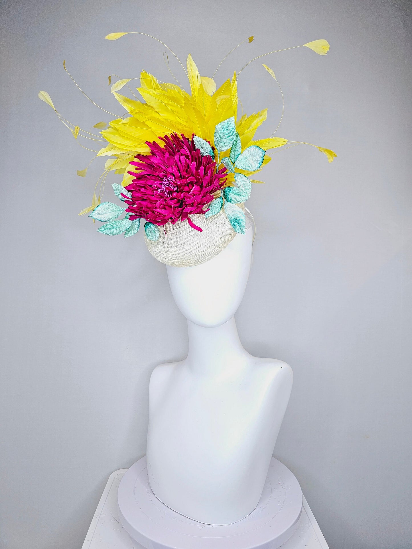 kentucky derby hat fascinator white sinamay with red pink fuchsia flower mint green velvet leaves yellow feathers