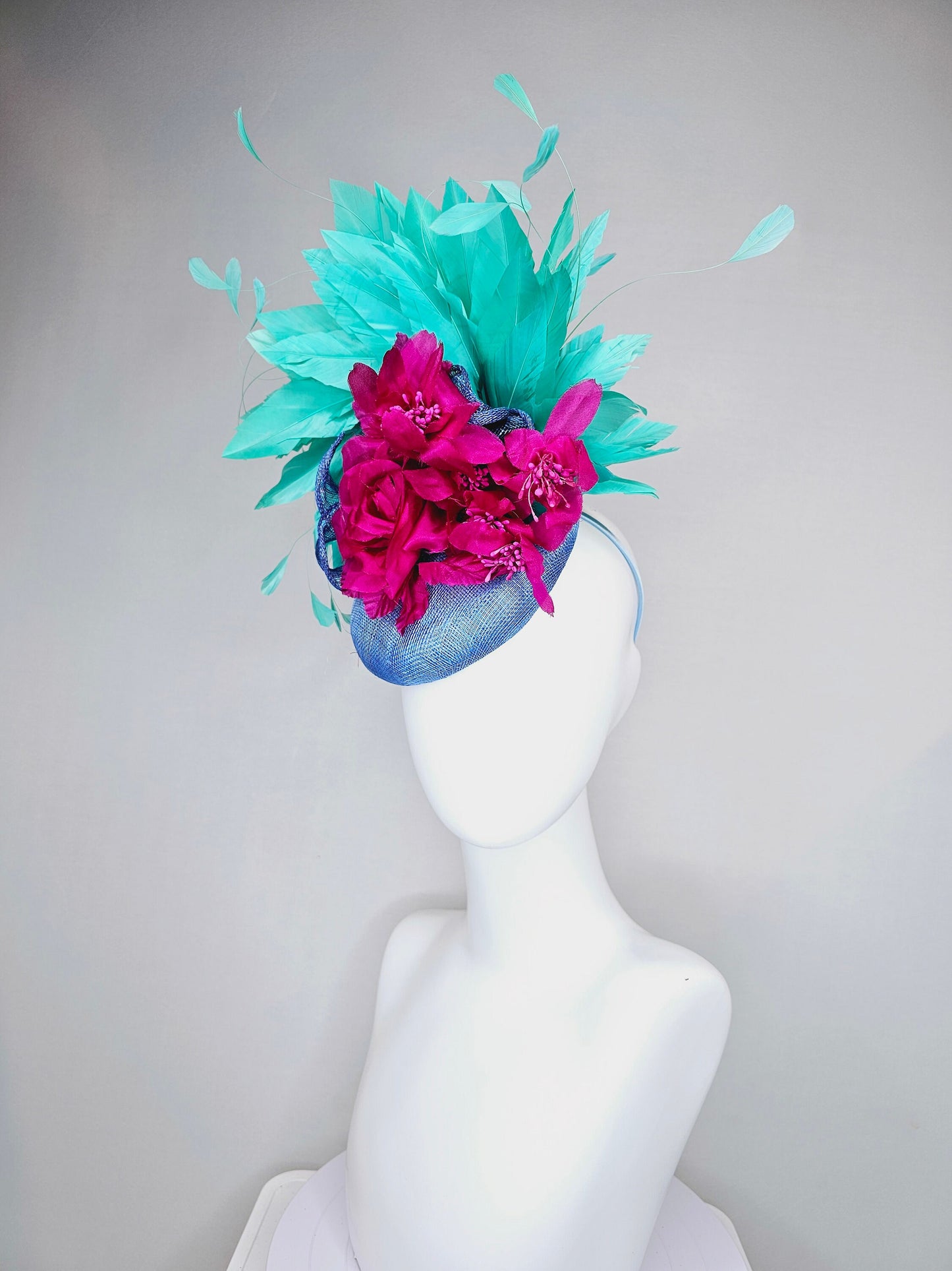 kentucky derby hat fascinator fuchsia magenta pink silk flowers with green feathers light blue sinamay