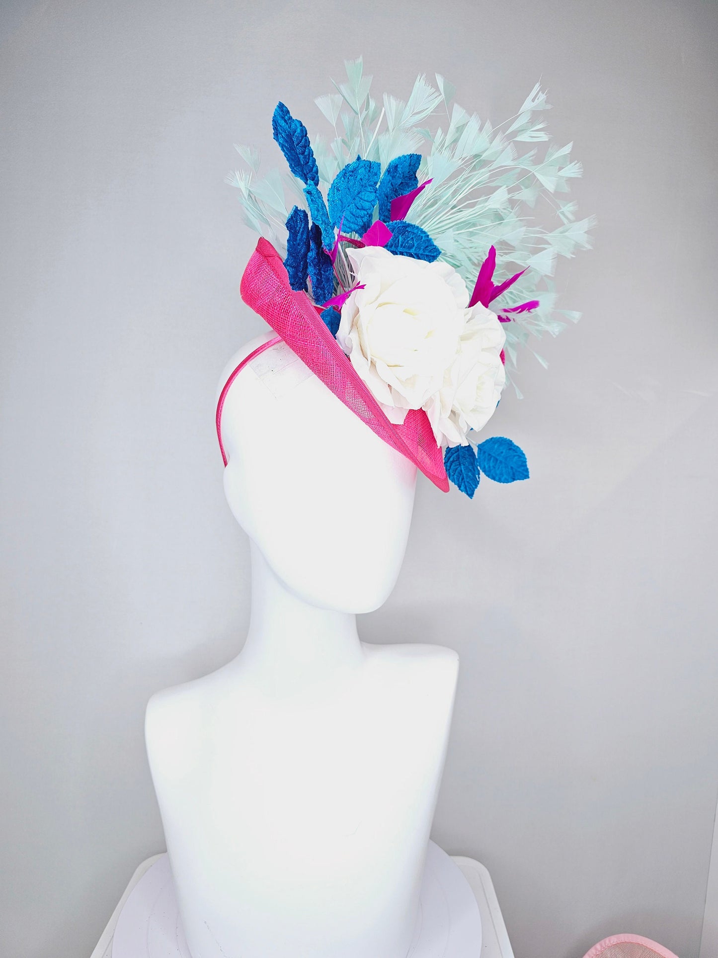 kentucky derby hat fascinator pink sinamay saucer with white roses turquoise blue leaves and mint green feathers
