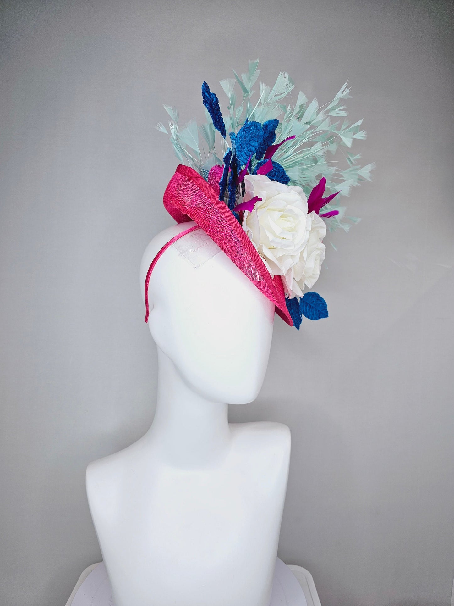 kentucky derby hat fascinator pink sinamay saucer with white roses turquoise blue leaves and mint green feathers