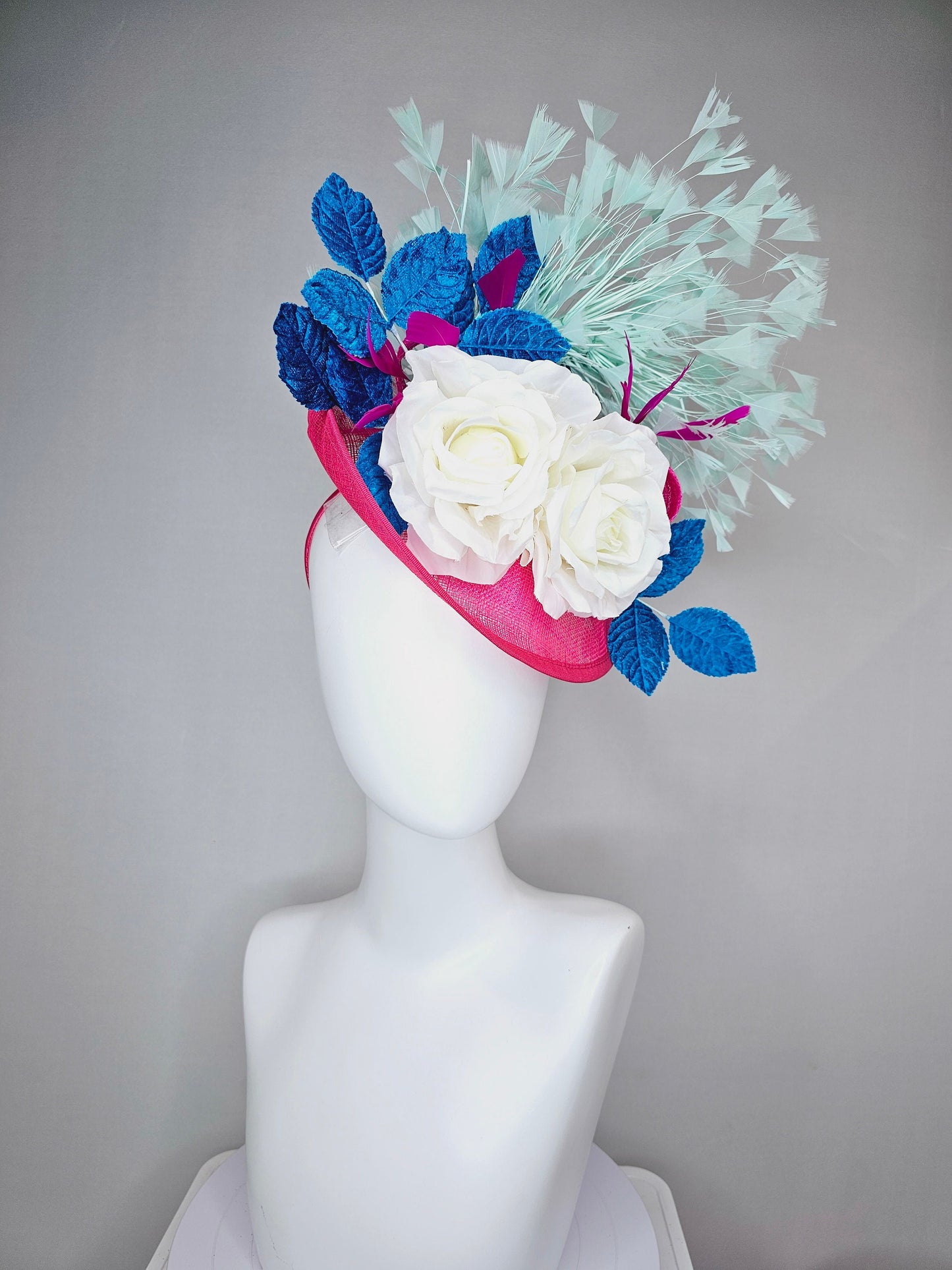 kentucky derby hat fascinator pink sinamay saucer with white roses turquoise blue leaves and mint green feathers