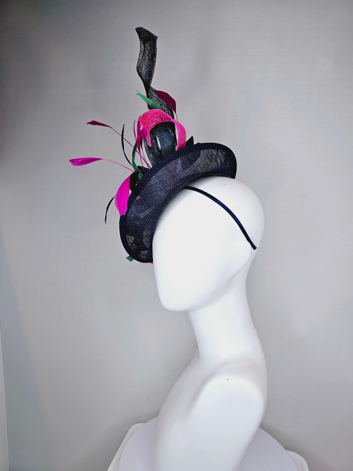kentucky derby hat fascinator dark navy sinamay with curls green blue sinamay curls pink feathers