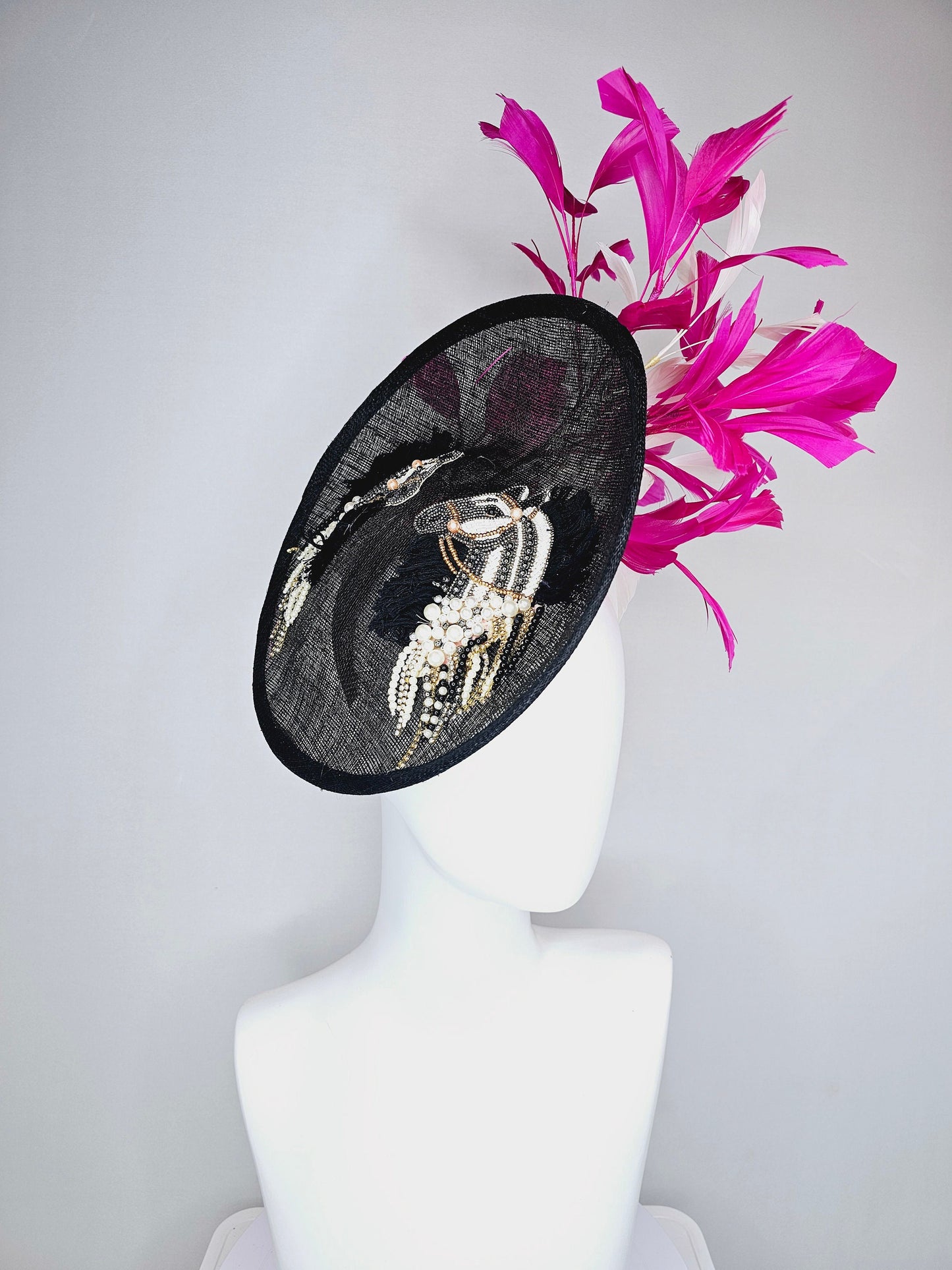 kentucky derby hat fascinator black sinamay saucer with beaded embroidered white black silver horse hot pink feathers
